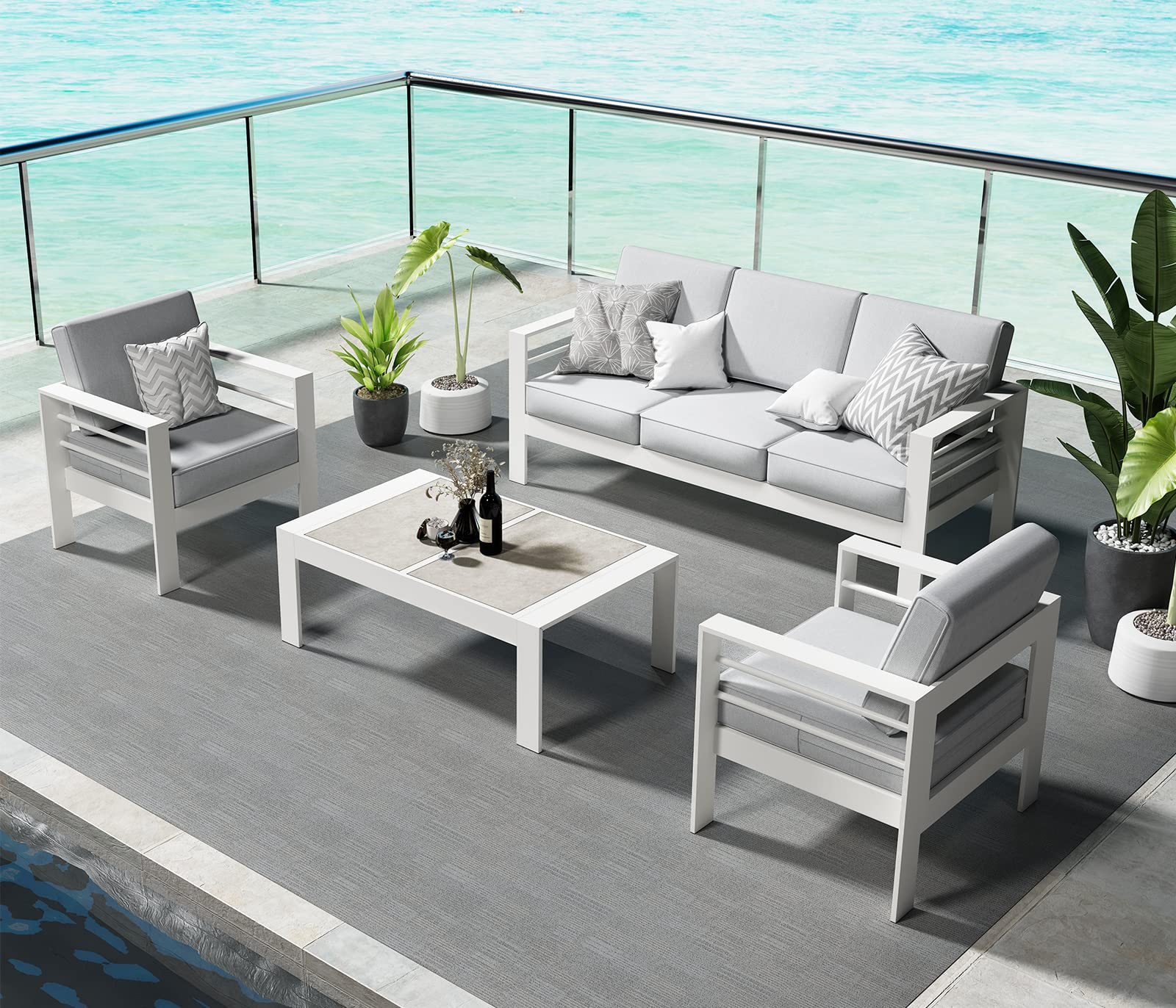 Vakollia 4 Pieces Modern Aluminum Patio Furniture Set, Outdoor Conversation Sets Metal Sectional Sofa with Coffee Table