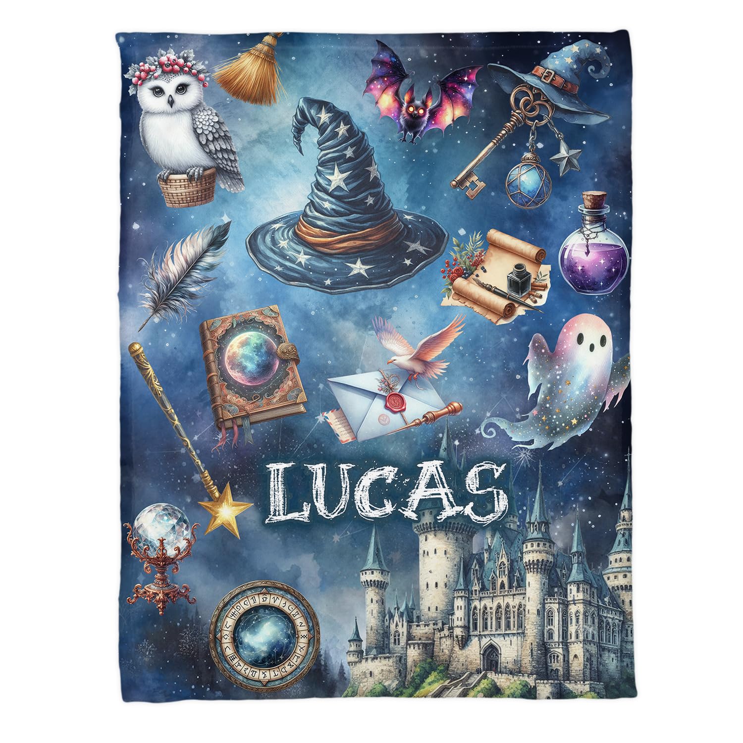 Custom Wizard Baby Blanket – Personalized Magic Theme Blanket with Wizard Hat, Spells, Owl & Flying Car – Soft & Cozy Gift for Boys and Girls