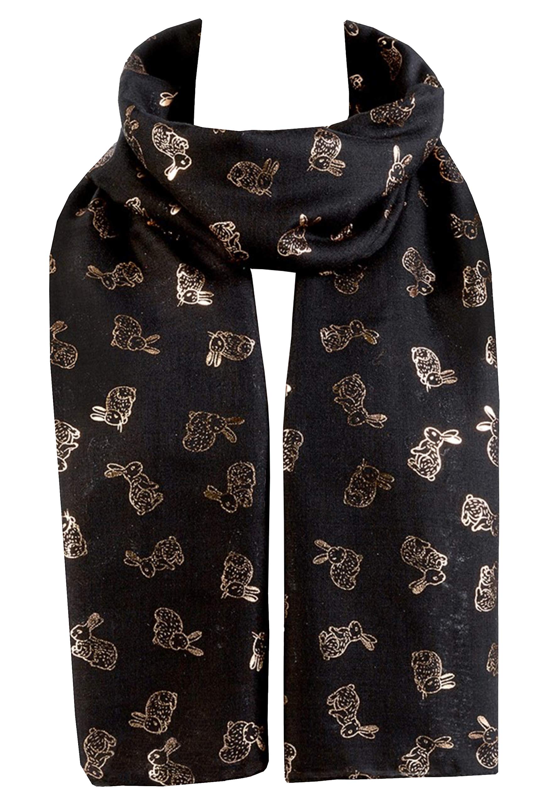 World Of Shawls Women's Gold Rabbit - Black New Sparkling Bunny Rabbit Print Celebrity Style Scarves Maxi, Scarf, Wrap, Sarong, Shawls (Gold Rabbit - Black)