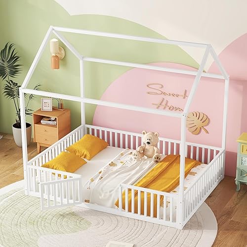 Miniatura 16 de Bellemave Cama Montessori de tamaño individual, marco de cama de metal para niños, camas Montessori con valla, casa de juegos para niños, color