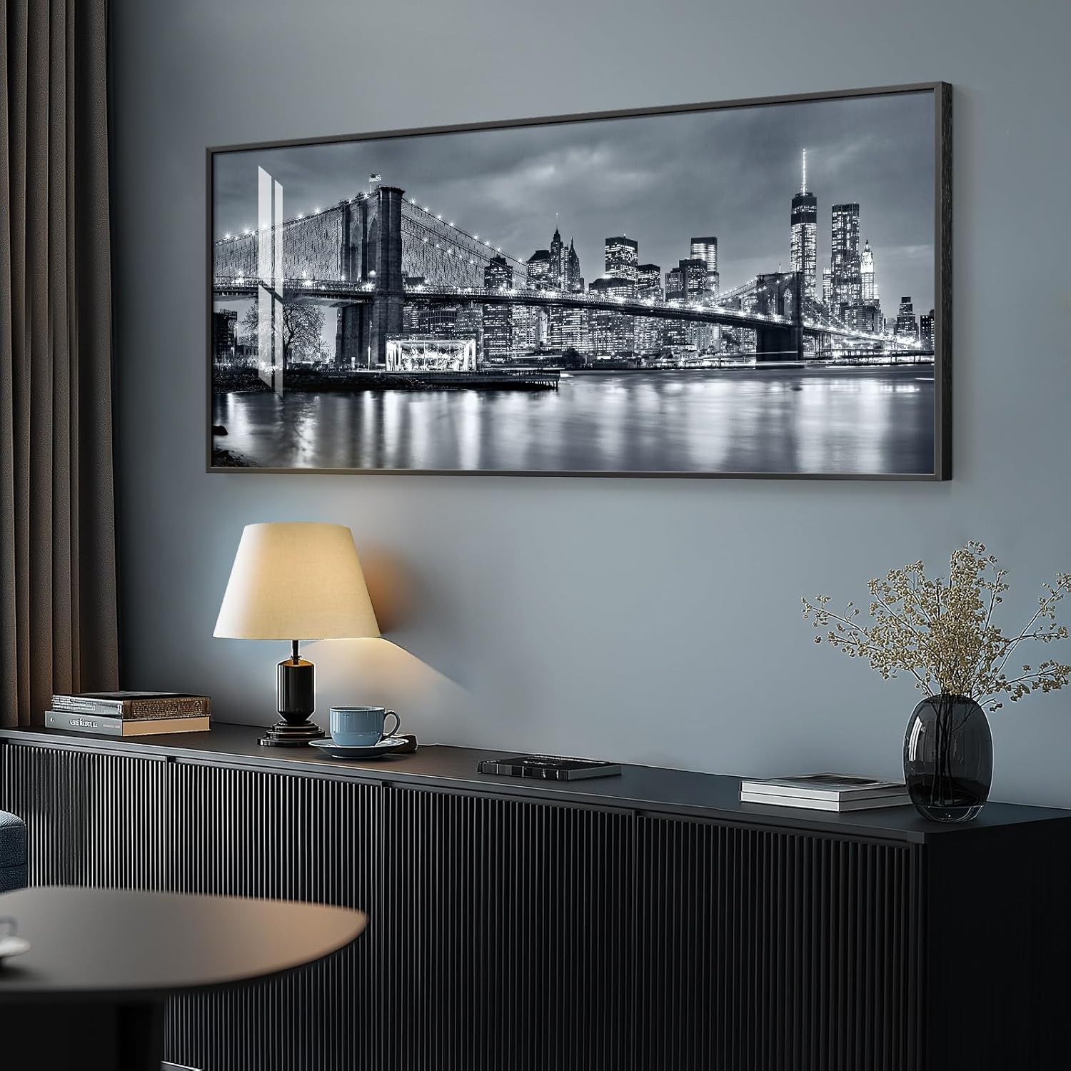 Framed Black and White Brooklyn Bridge Wall Art for Living Room, Large Modern Painting New York City Artwork for Walls, Manhattan Night Skyline Cityscape Photography Big Urban Picture Prints for Bedroom Hallway 20x40 Inch 20"H x 40"W Mid-Shot Brooklyn Bri