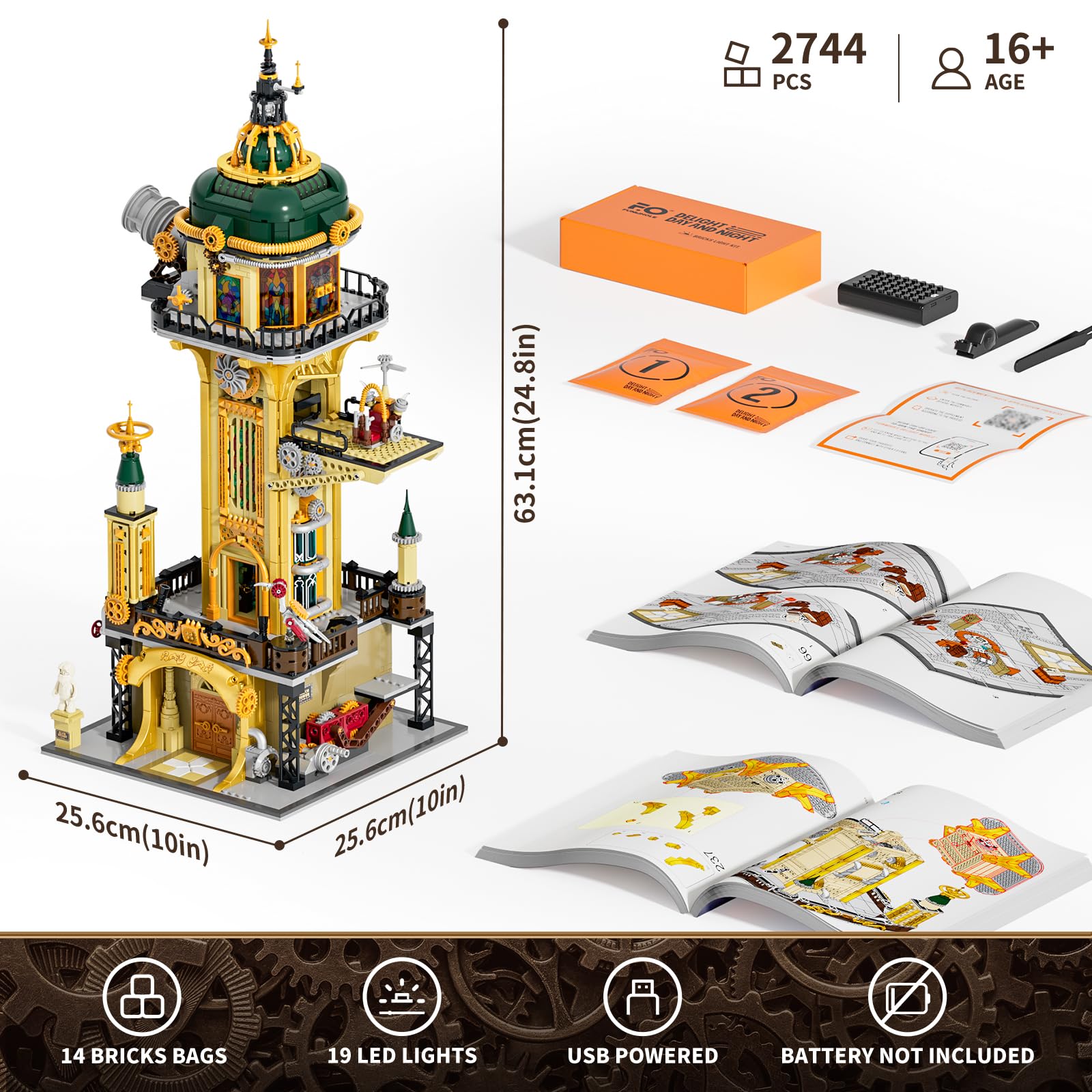 FUNWHOLE Ensemble de briques d'éclairage de tour d'observatoire Steampunk – 2744 pièces – Modèle de construction modulaire mécanique victorien pour adultes et amateurs de steampunk