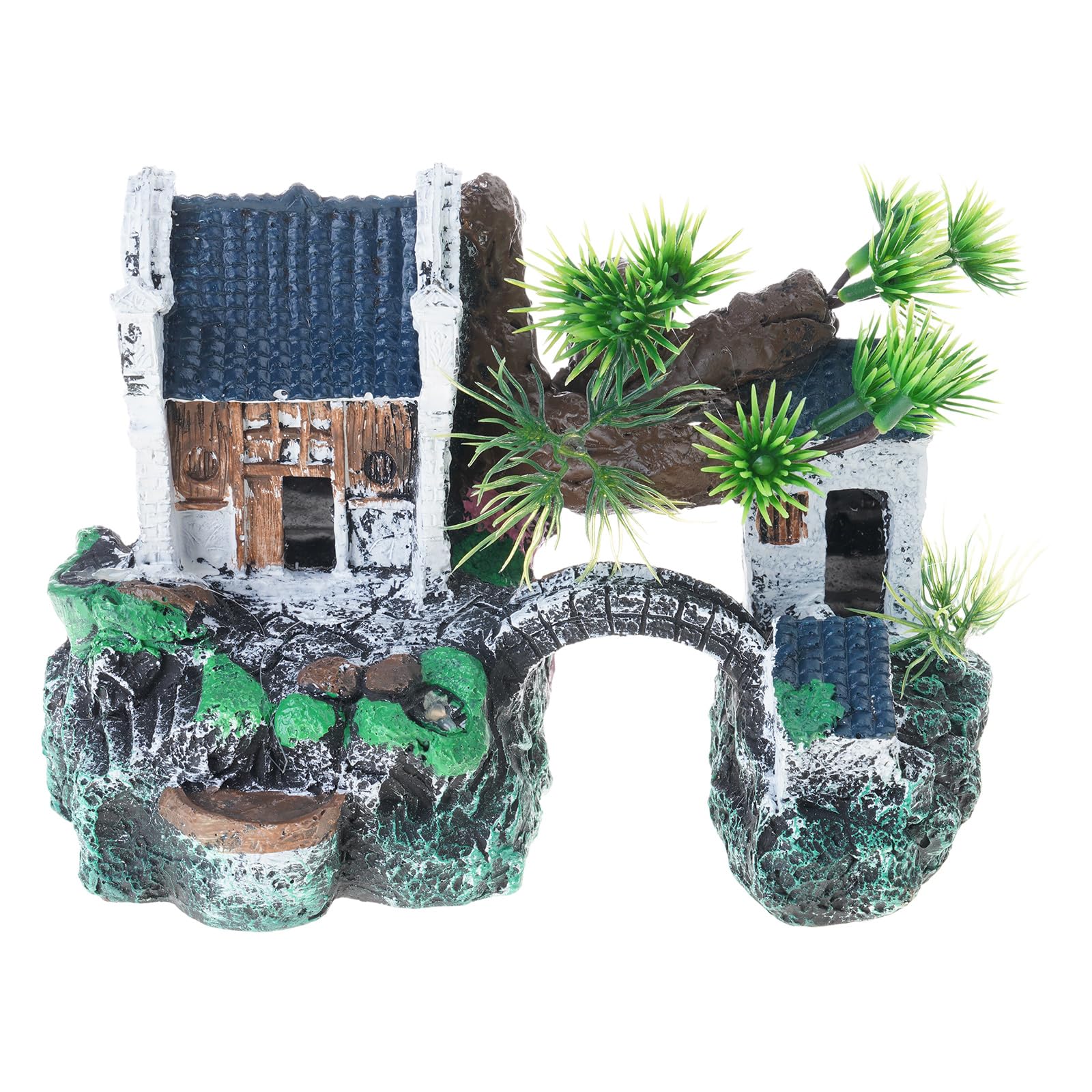 PANFHGFG Mountain View Aquariums Ornaments with Tree Houses Hotel Aquariums Ornaments for Small Fishe Play and Hide Miniature Garden Decoration