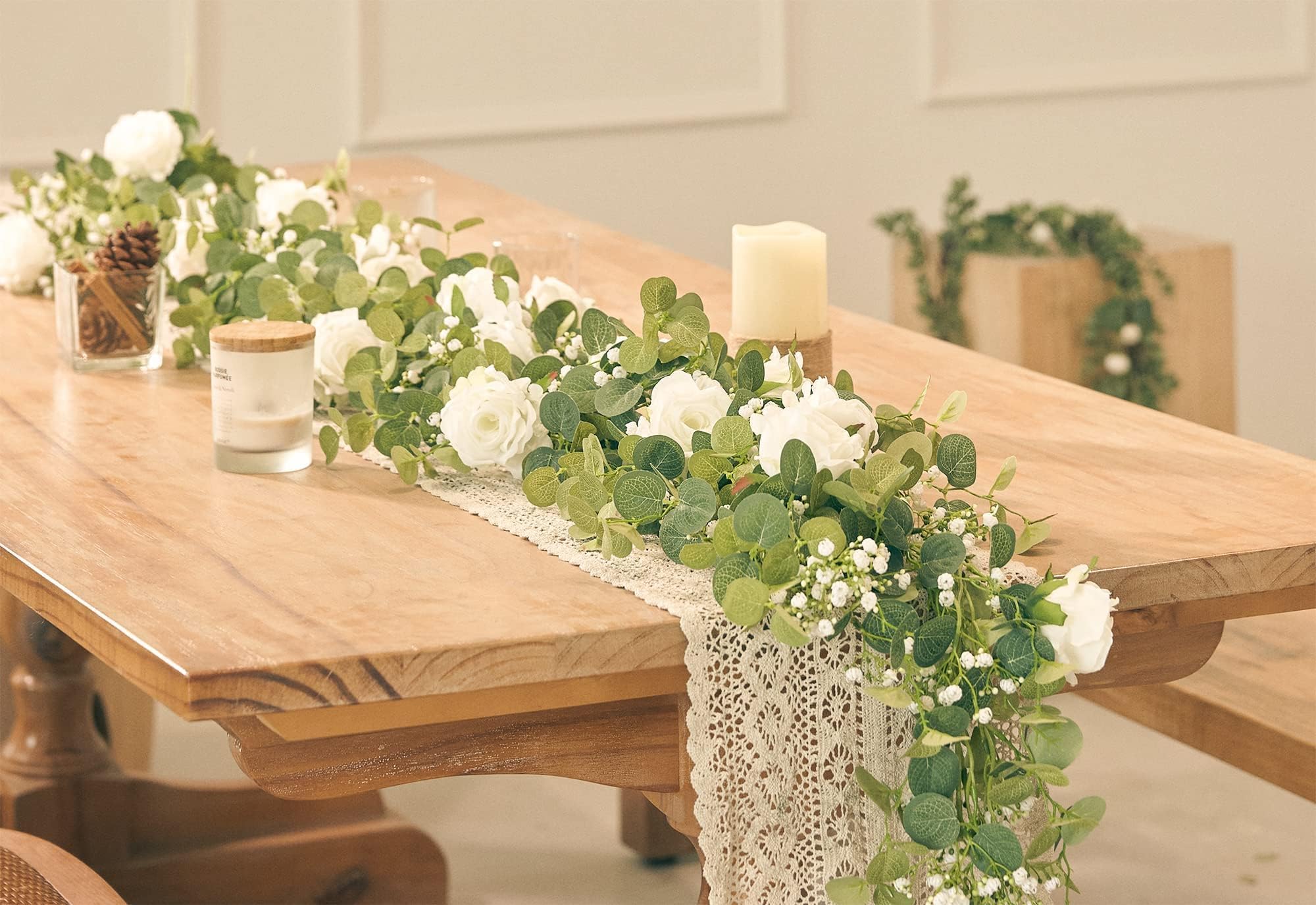 Anna's Whimsy Lot de 2 guirlandes d'eucalyptus artificielles de 1,5 m avec fleurs, fausses guirlandes de gypsophiles, guirlandes florales artificielles pour mariage, printemps, maison, fête, chemin de