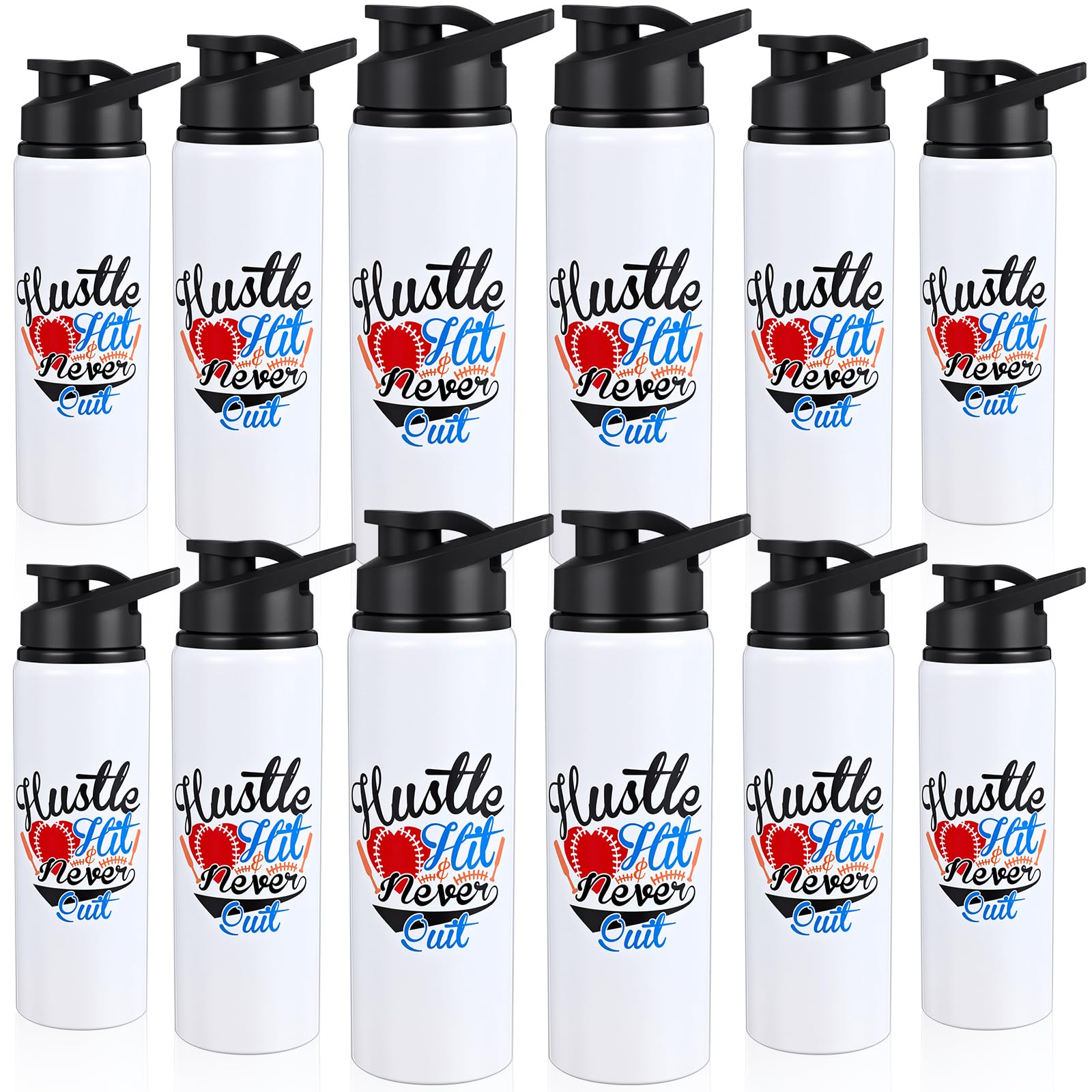 Hushee 12 Pcs 25 oz Baseball Water Bottles Bulk Aluminum Sport Bottles with Leakproof Lid Baseball Gift for Team Men Players Fan Coach(Hustle Hit)