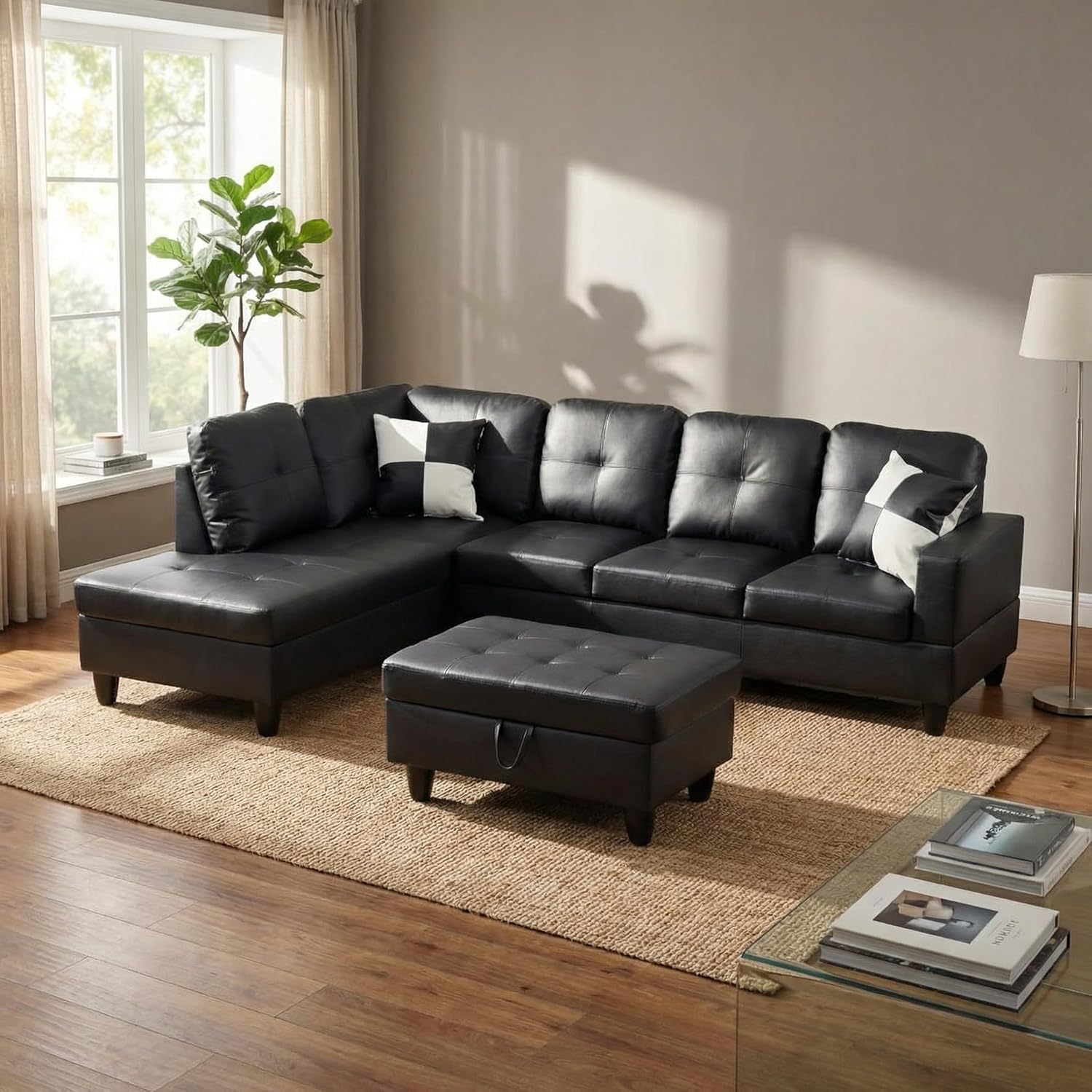 103.5" Modular Leather Sectional Sofa, 4-Seat L-Shaped Couch with Chaise & Storage Ottoman, 3-Piece Convertible Living Room Furniture Set for Apartment Office, Black