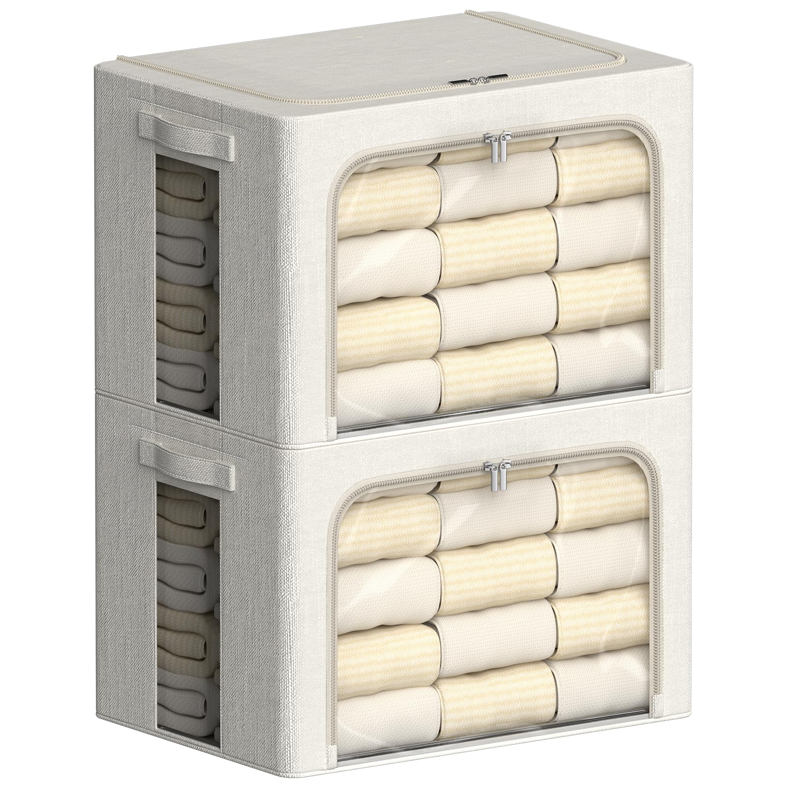 FHSQX 2 Pack Clear Window Storage Bins Large Stackable Linen Fabric Storage for Clothes Foldable Container Organizer Set with Carrying Handles (Lvory White, 23.6x 16.5x 15.7 Inch)