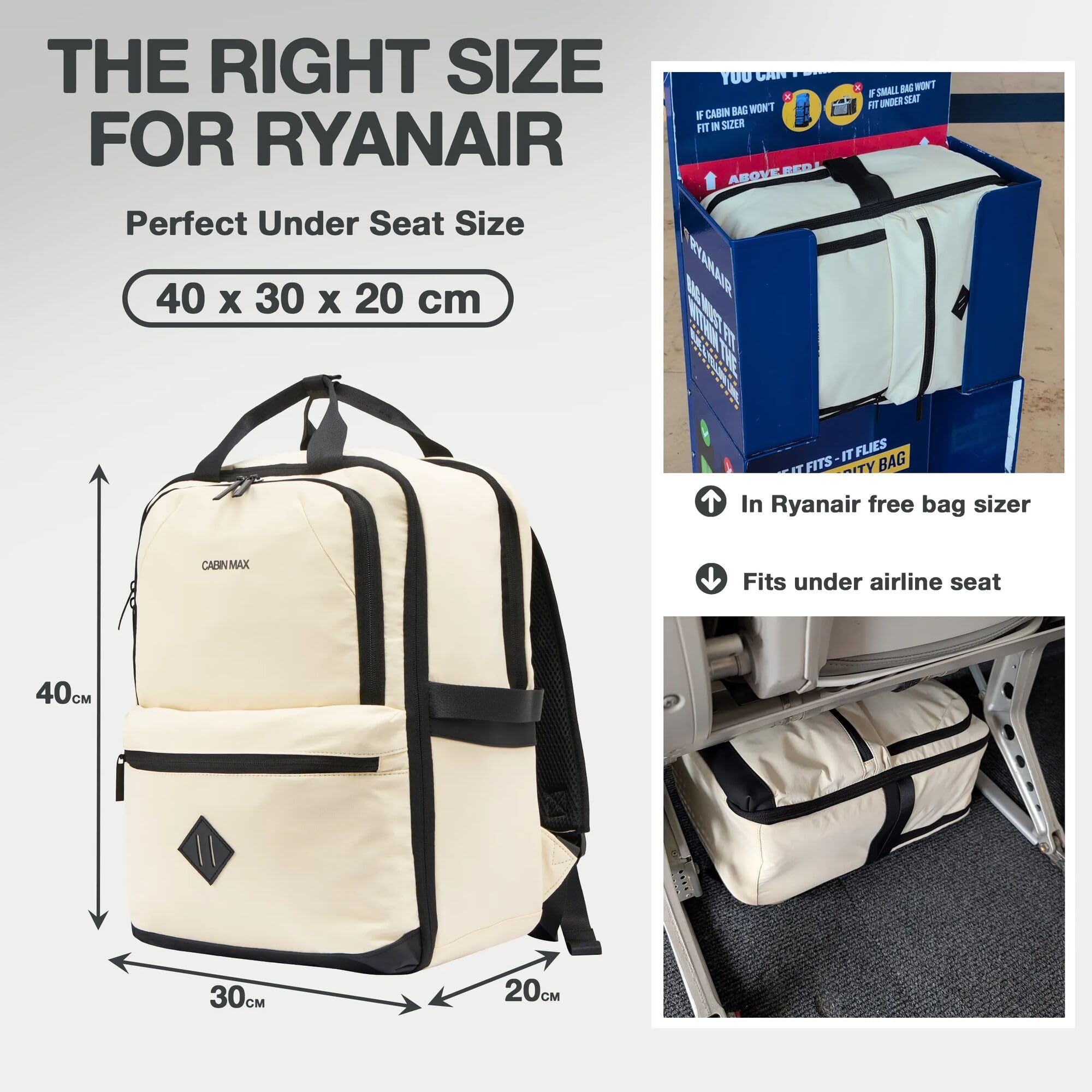 Ryanair - Maletas de cabina de 40 x 30 x 20 cm, mochila de viaje, bolsa de equipaje de mano, mochila aprobada por vuelos para viajes al aeropuerto para EasyJet, Wizz Air, Blanco, 40x30x20 Centimeters