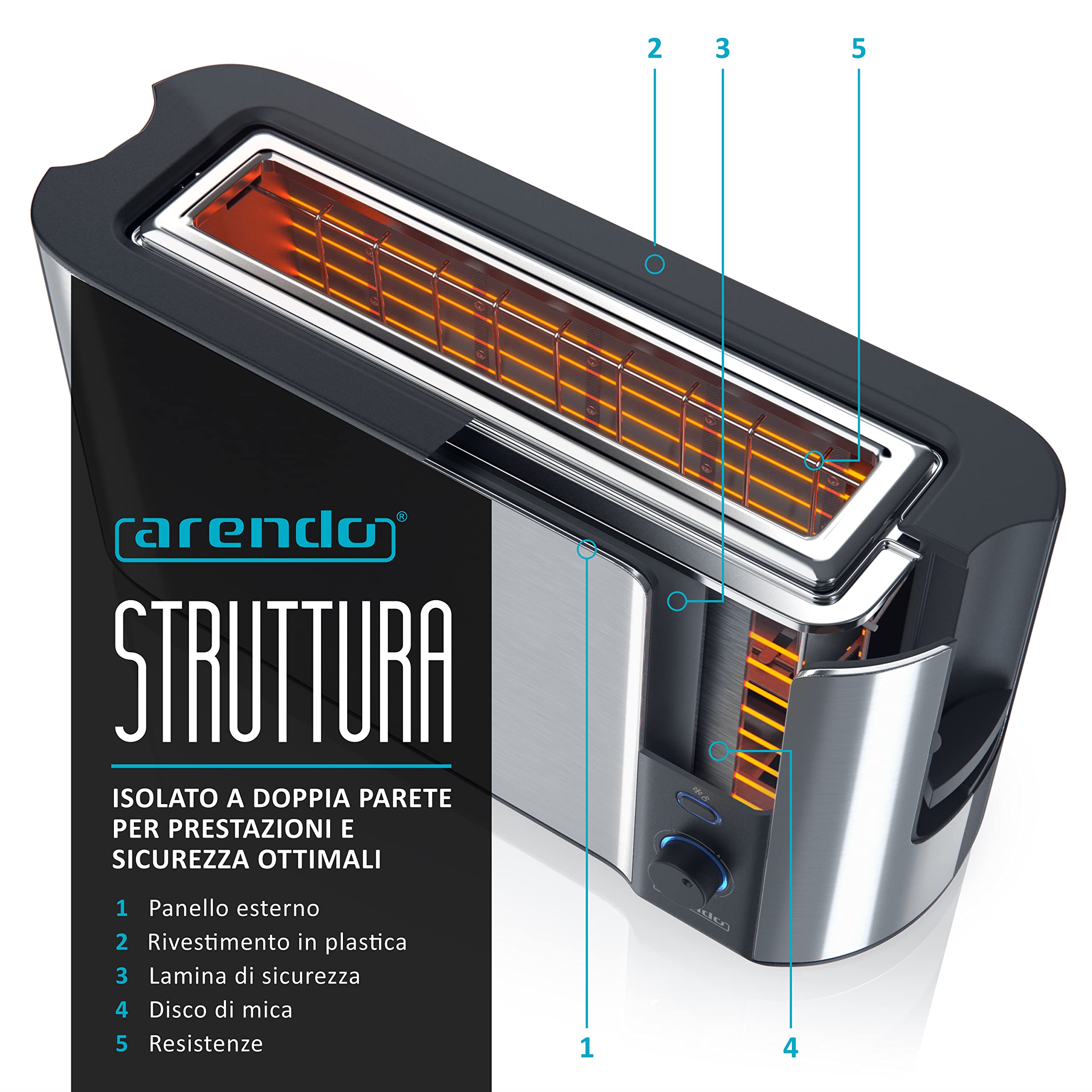 Arendo - Tostapane a fessura lunga 2 fette - Funzione scongelamento - 1000 W - Doppia parete - Accessorio scalda cornetto - Grado di doratura 1-6 - Display con indicatore del tempo rimanente - Argento