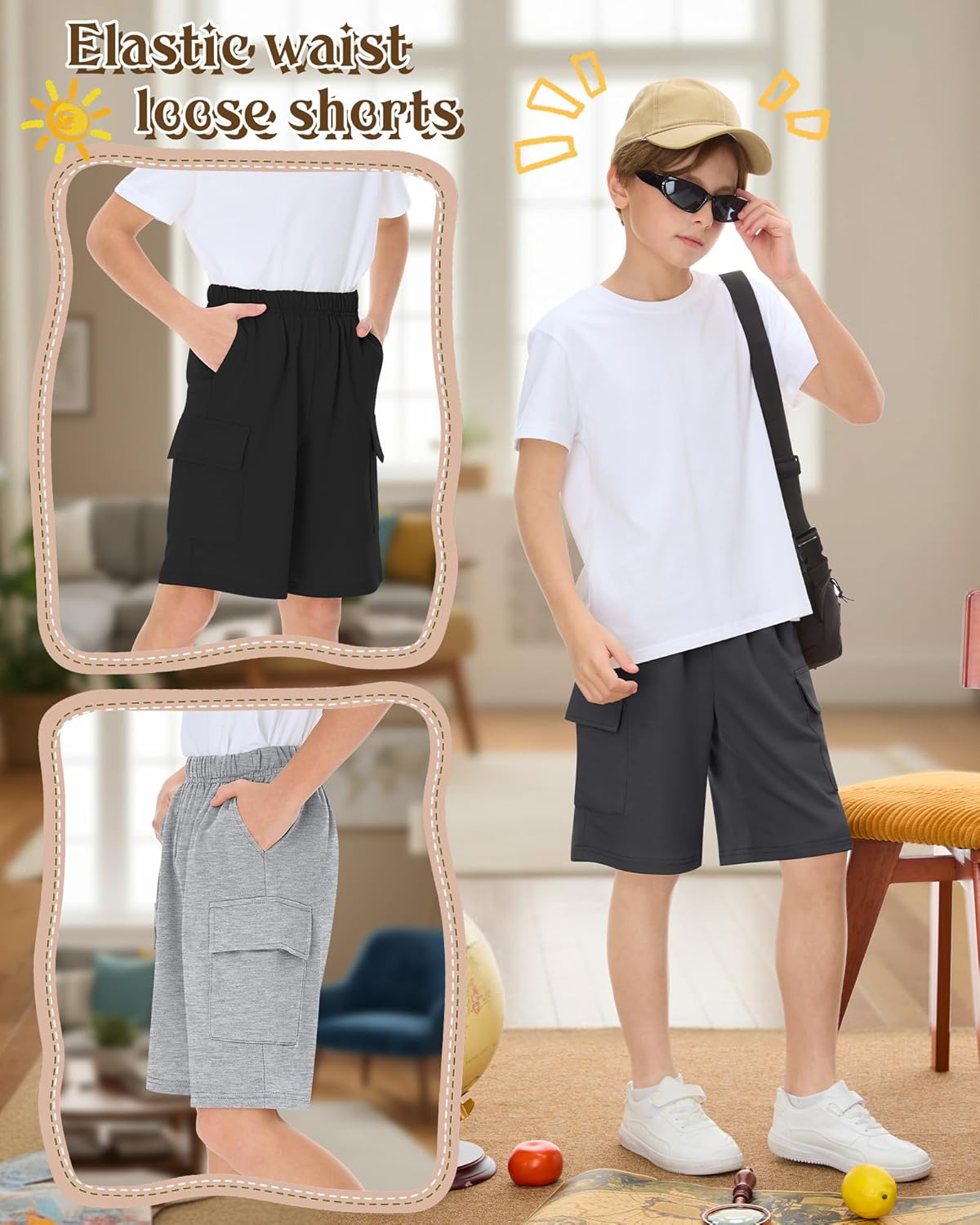 5 Pack Boy Cargo Shorts 5-16Y Athletic Loose Elastic Wide Leg SweatShorts Youth Summer Multipack Shorts with Pockets