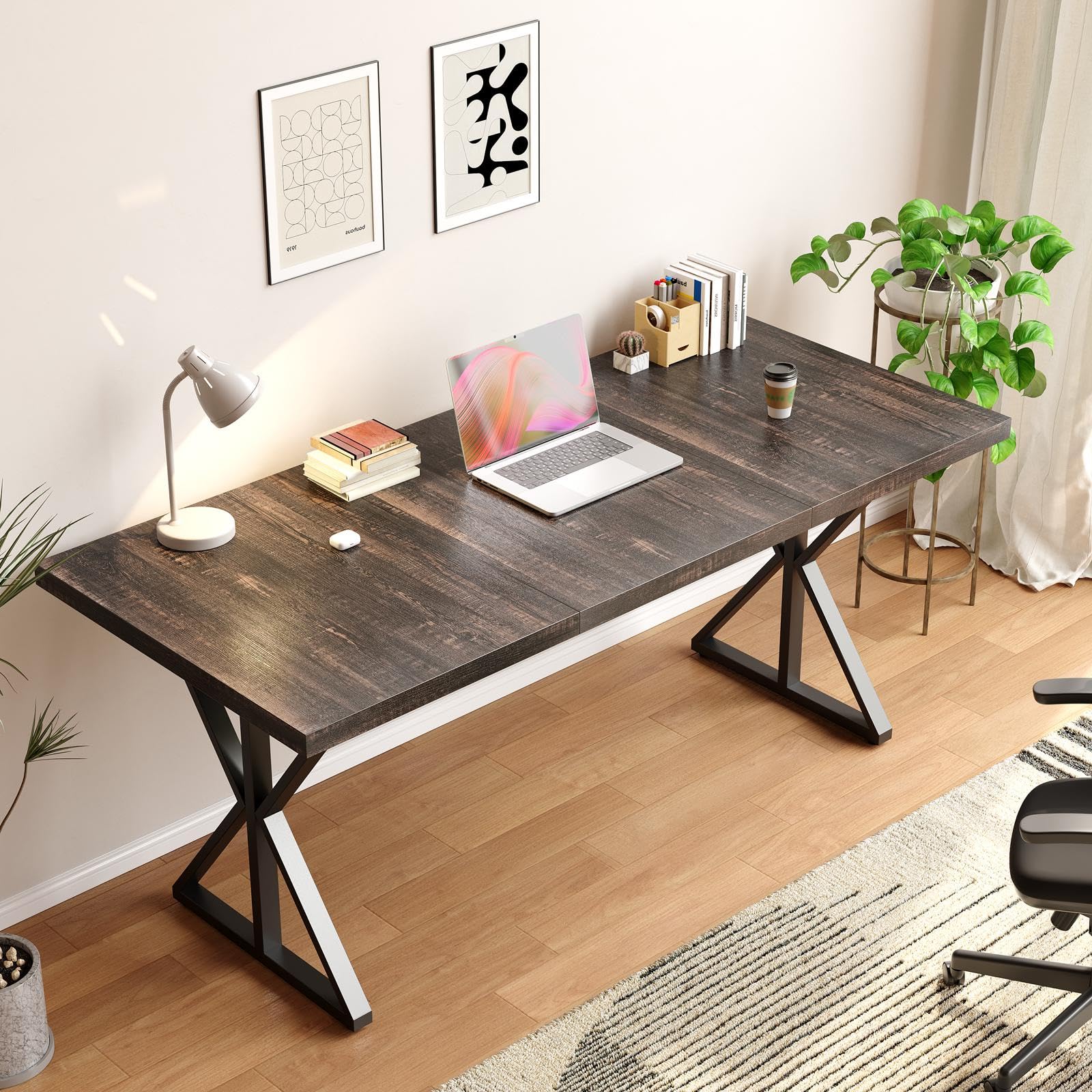 71 Inch Computer Desk, Large Home Office Executive Desk, Modern Simple Style Gaming Desk for Writing Work Study Bedroom, Sturdy Frame & Thicker Steel Legs with Ample Legroom, Rustic Brown