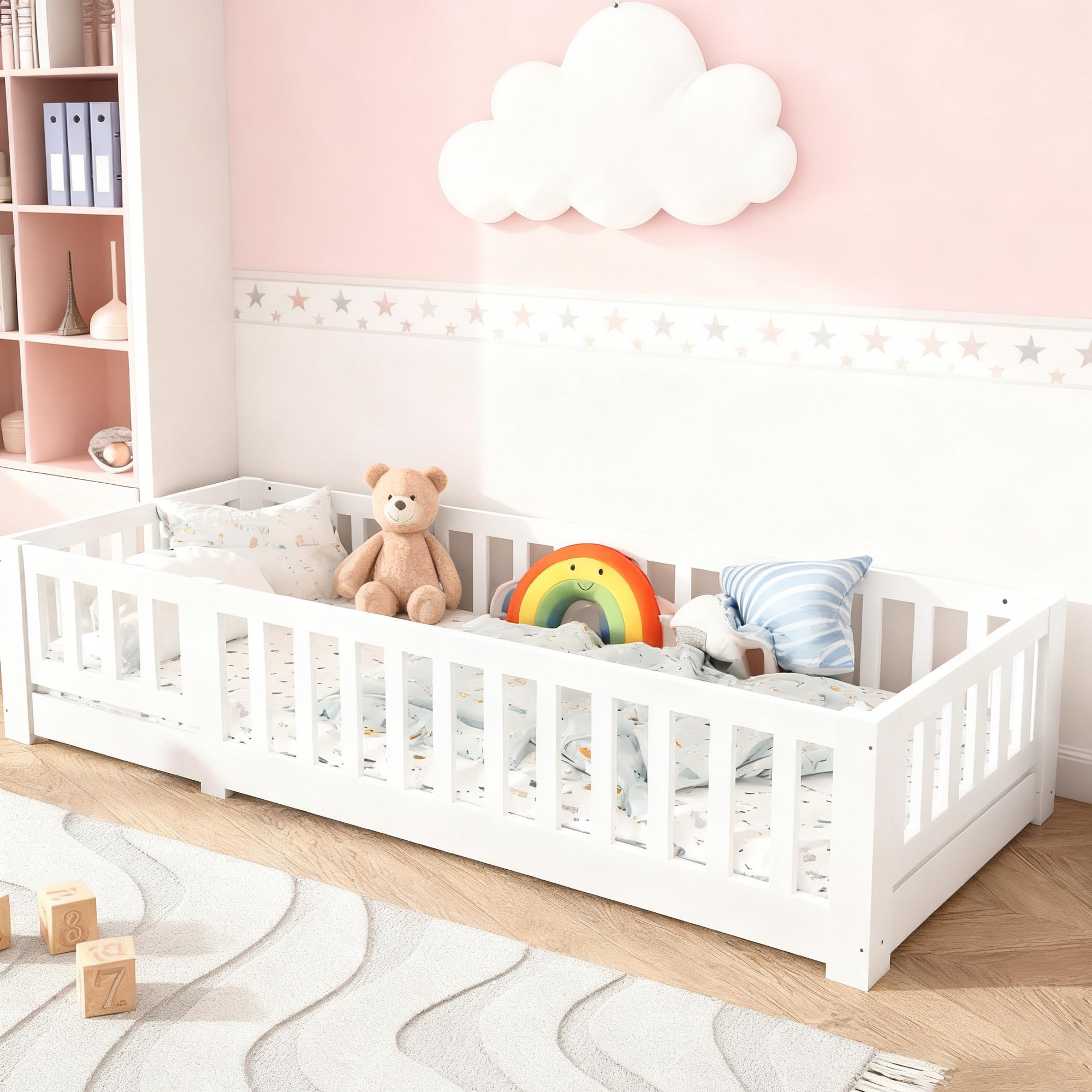 Lit Au Sol Enfant 140x200 Cm – Lit Double Montessori En Bois Avec Barrière De Sécurité