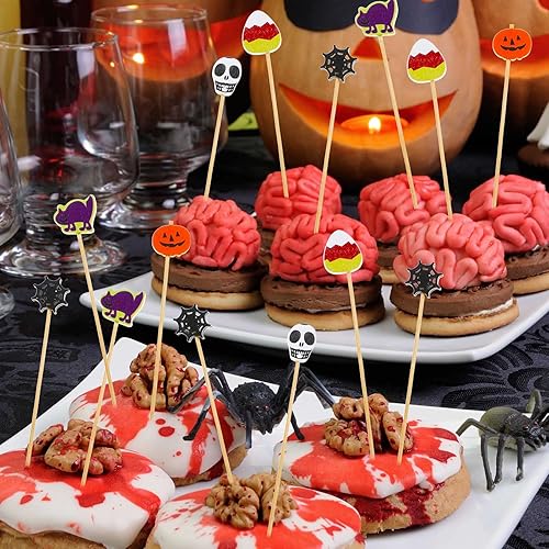 Miniatura 3 de 100 palillos de cóctel de Halloween de 4.7 pulgadas, palillos de dientes decorativos de calavera de calabaza de madera para Halloween, palillos de