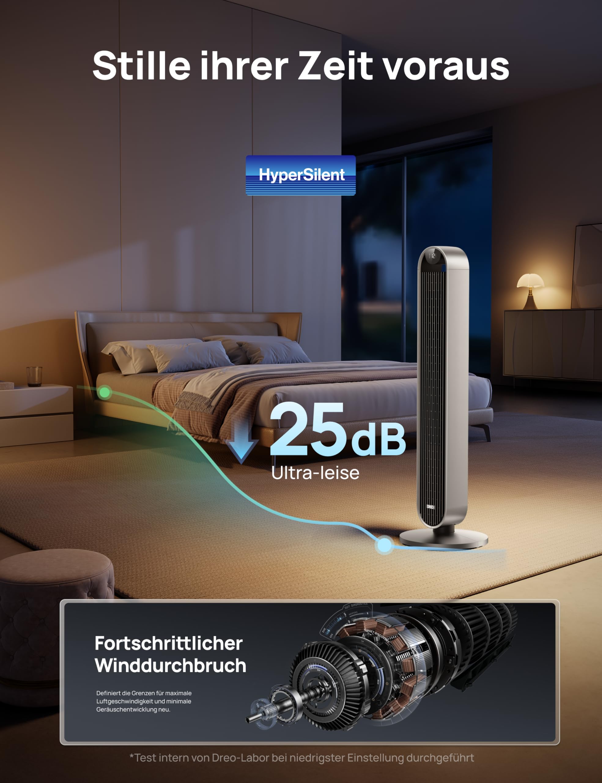 DREO Smart Turmventilator Sehr Leise, 120° Oszillierender Ventilator mit Kühlung, 25dB Standventilator mit Fernbedienung für Schlafzimmer, 12 Geschwindigkeiten, 4 Modi, 12-Stund-Timer, Pilot Max S