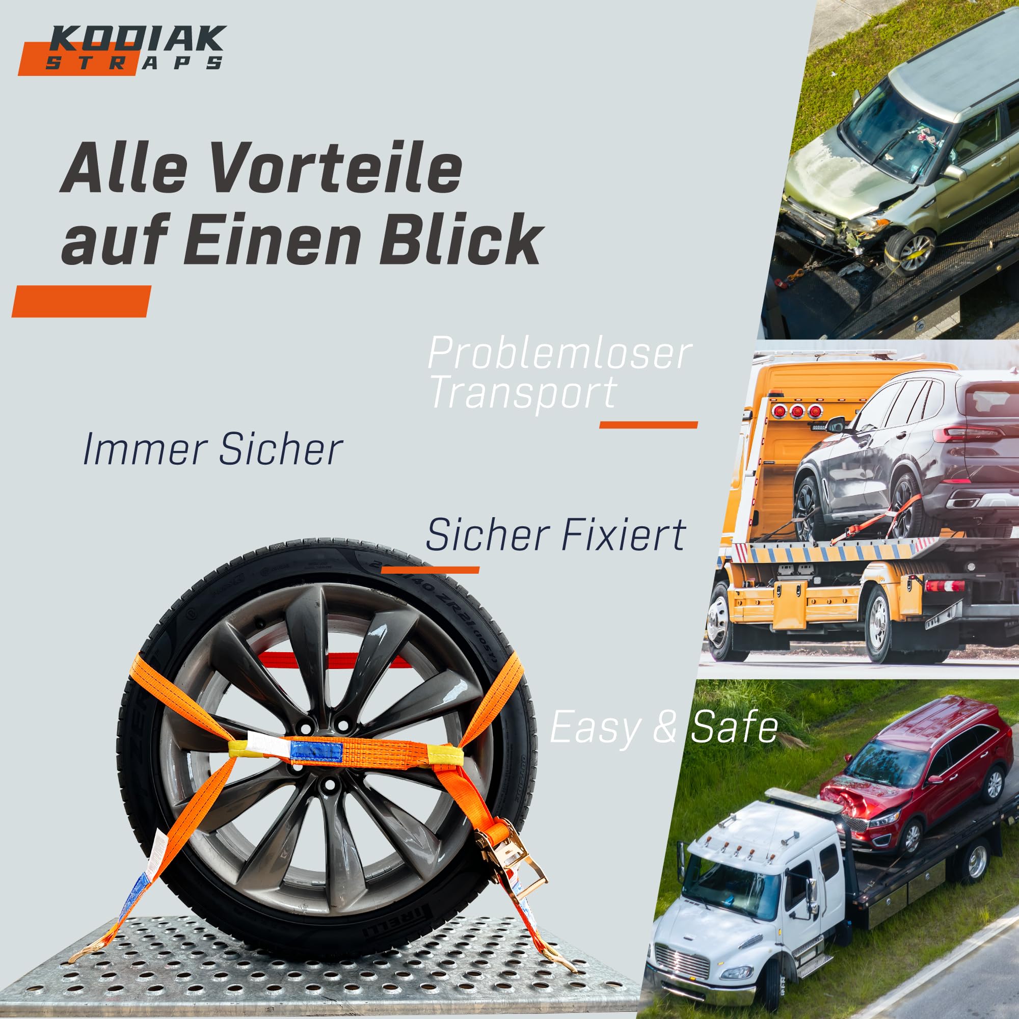 4 Stück Spanngurte für Autotransport | 35 mm Breite | 2000 daN | Zurrgurte für Radsicherung, PKW, Anhänger & NFZ - TÜV G/S Zertifizierte Ratschengurte Nach DIN EN 12195-2 - KODIAK STRAPS