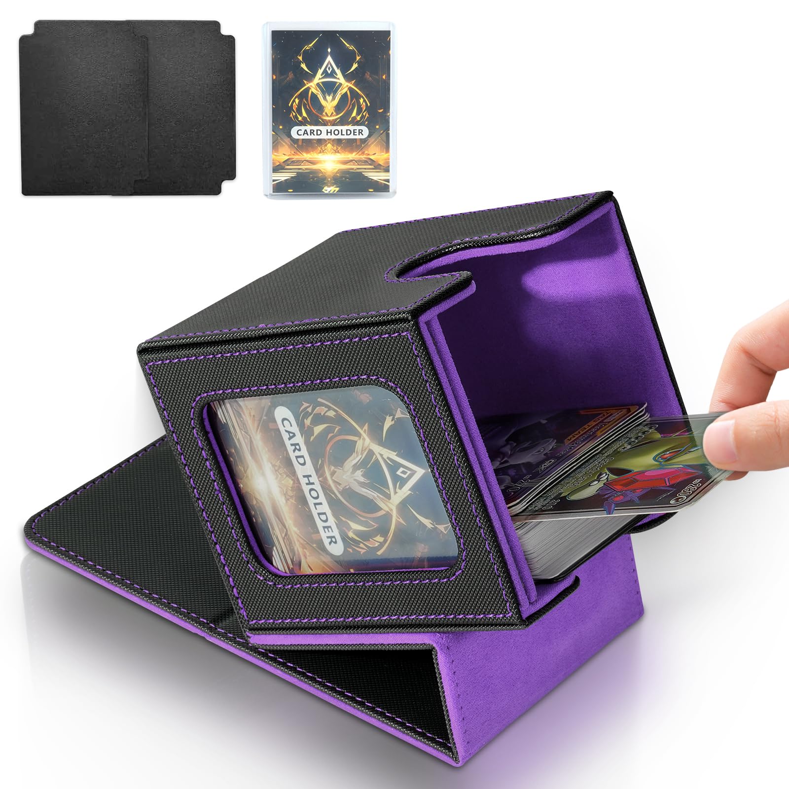 Jaffzora Card Deck Box for MTG Commander, Magnetic Card Display Case, TCG Card Storage Box, Holds 100 Double-Sleeved Cards, Black&Purple