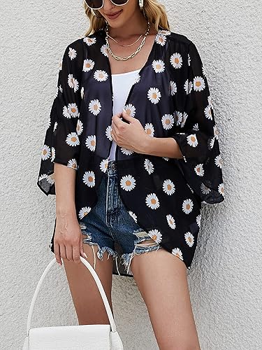Miniatura 2 de Chunoy Cárdigan estilo kimono de gasa para mujer, ligero, con estampado floral, holgado, de manga corta, salida de baño, blusa para la playa