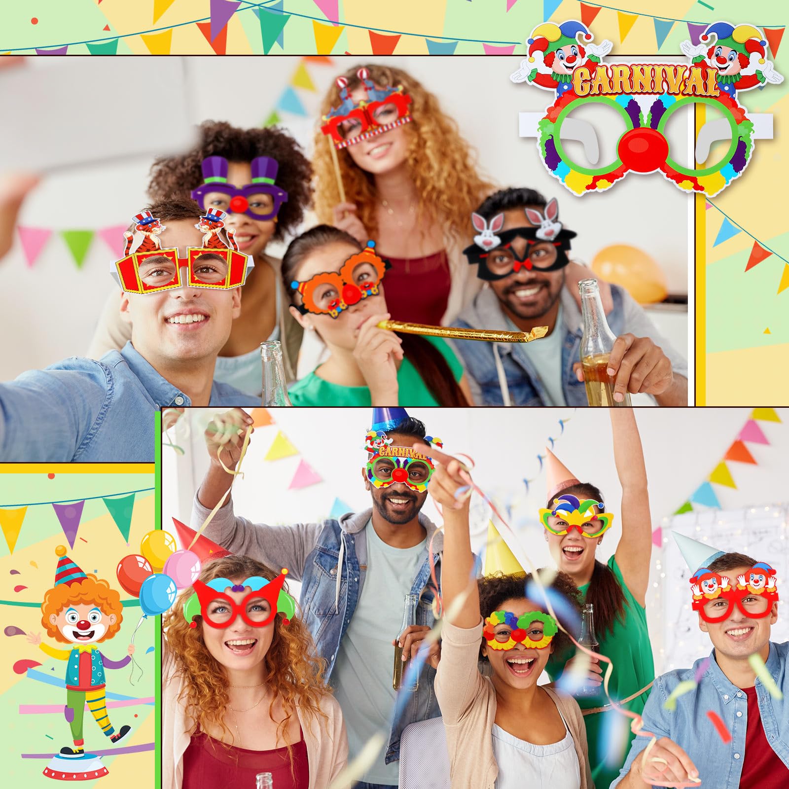24 gafas de papel para carnaval de circo, para fiestas temáticas de circo, anteojos de papel, circo, carnaval, fiesta, fotomatón, kit de accesorios para decoración de carnaval para niños,