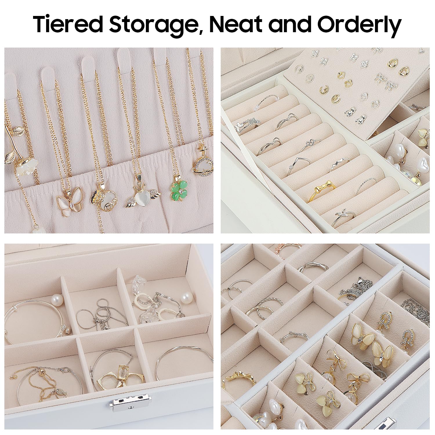 TEIVUL Joyero de piel sintética de 2 capas con llaves y paño de limpieza para anillos aretes collares