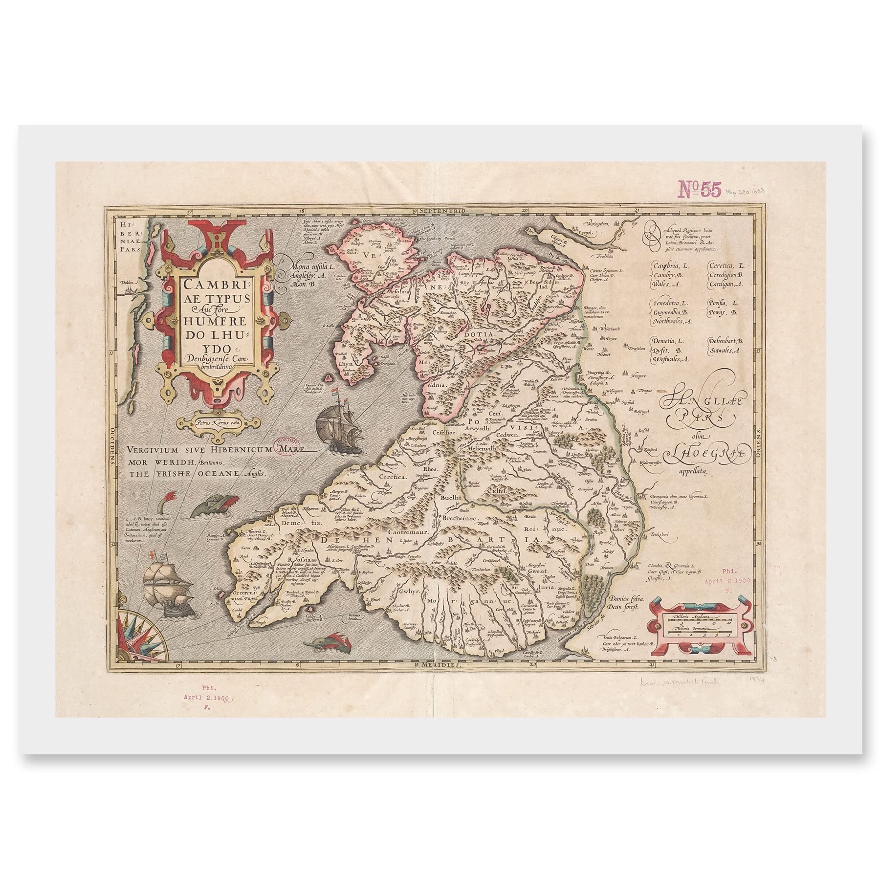 Artery8 Framed White A4 Hondius 1633 Welsh Latin Early Map Wales Cymru Artwork Framed Wall Art Print A4