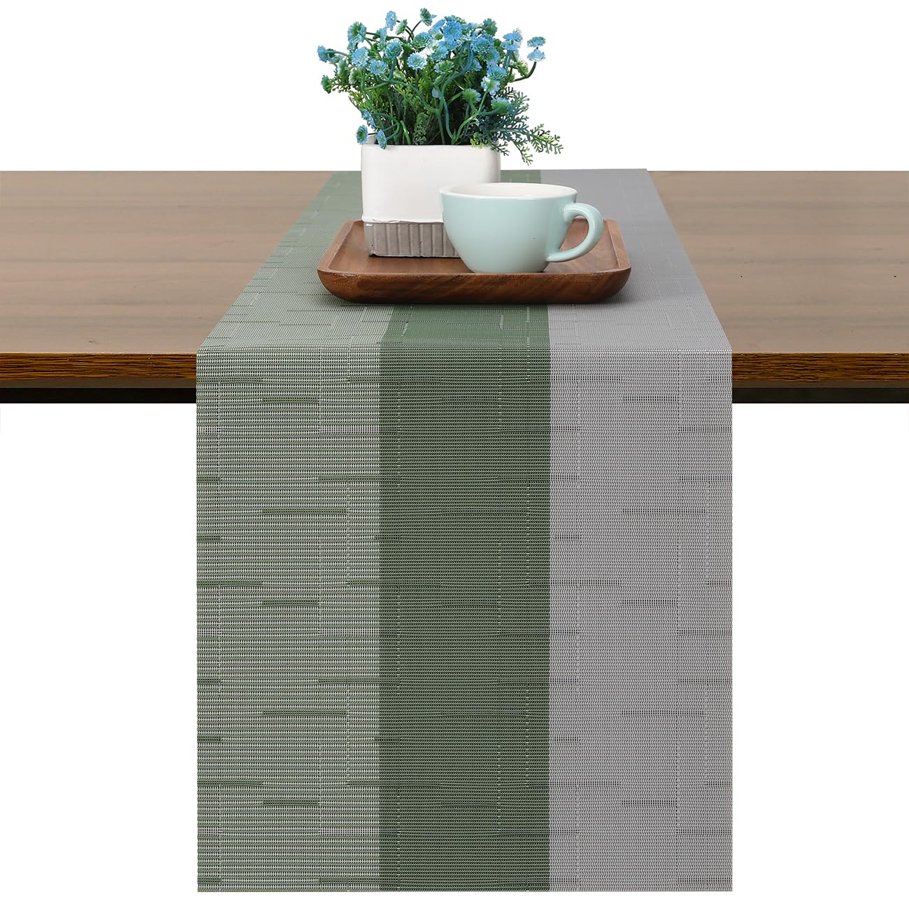 Chitomars Table Runner for Dining Table, Washable Vinyl Woven Table Runners for Farmhouse Decor Indoor Outdoor Birthday Weddings Party Home Coffee Table Decorations (Grey Sage Green, 30 x 225 cm)