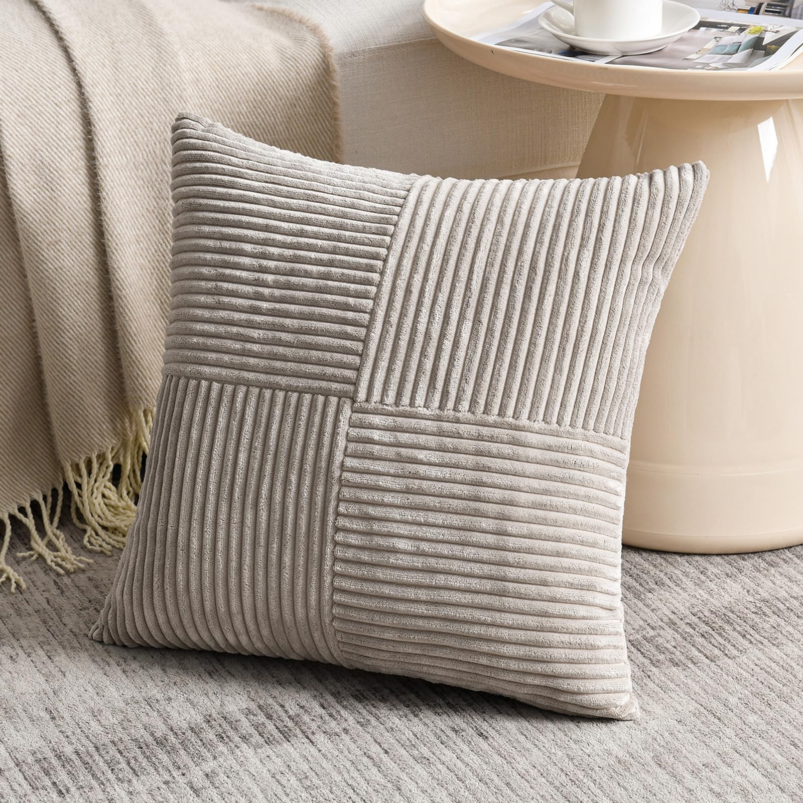 FDTERN Taupe Decorative Throw Pillow Covers 18x18 Inch for Living Room Couch Sofa, Rustic Farmhouse Boho Home Decor, Soft Corss Corduroy Patchwork Textured Square Cushion Covers 45cm — image 1