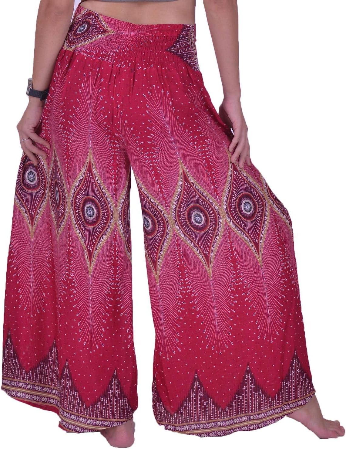 Lofbaz Women's Extra Wide Leg Palazzo Pants Yoga Lounge Hippie Harem Flowy Trousers Ethnic Tribal Elastic Waist Loose Indian Vintage 60s 70s Slacks - Eye Burgundy L - Image 3