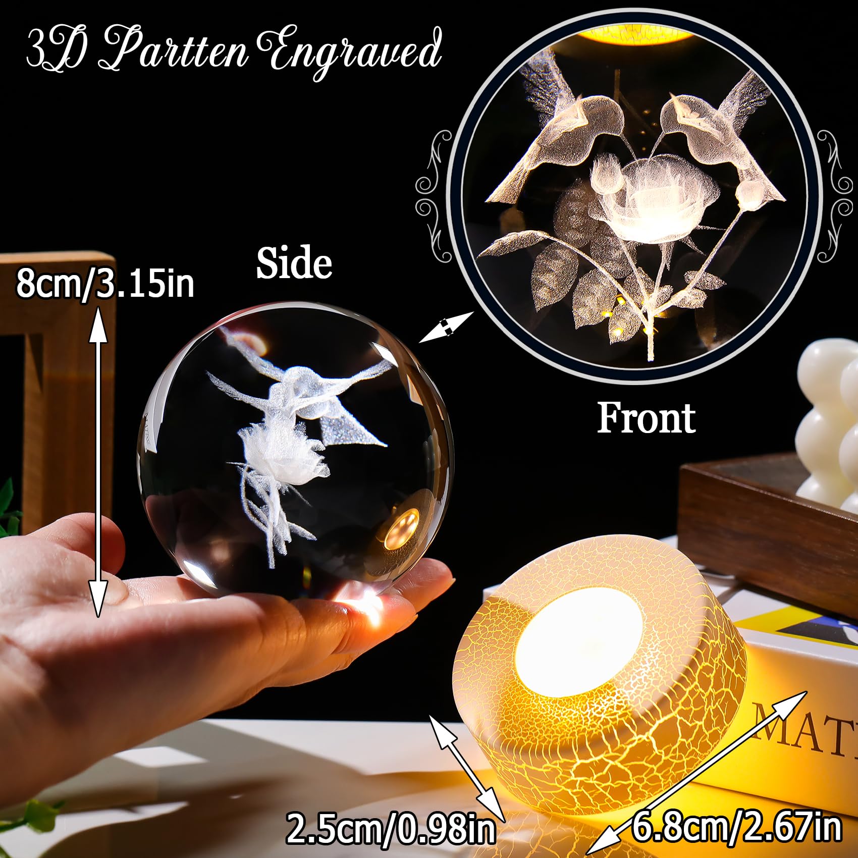 Arikyrist 8cm K9 Crystal Ball Engraved 3D Hummingbirds and Rose Figurine Gifts for Women 3.15" Glass Bird Rose Decor Ball with LED Light Stand Home Office Paperweight Ornament - Image 3