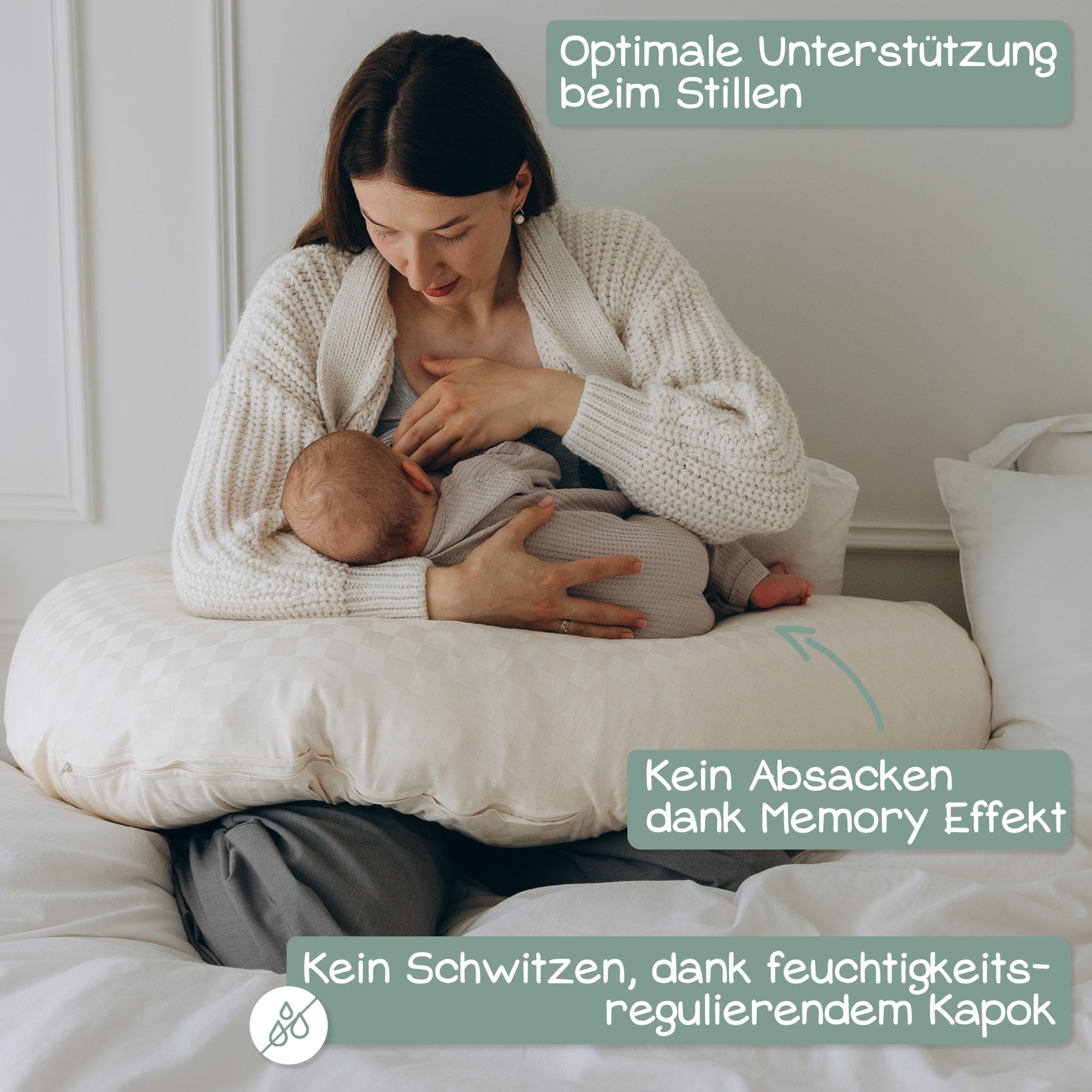 Stillkissen XXL Bio Baumwolle (Öko-Tex 100) mit Kapok Füllung (190x30cm) créme - Großes Baby-Kissen zum Schlafen, Stillen & Flasche geben, Schwangerschaftskissen & Seitenschläferkissen