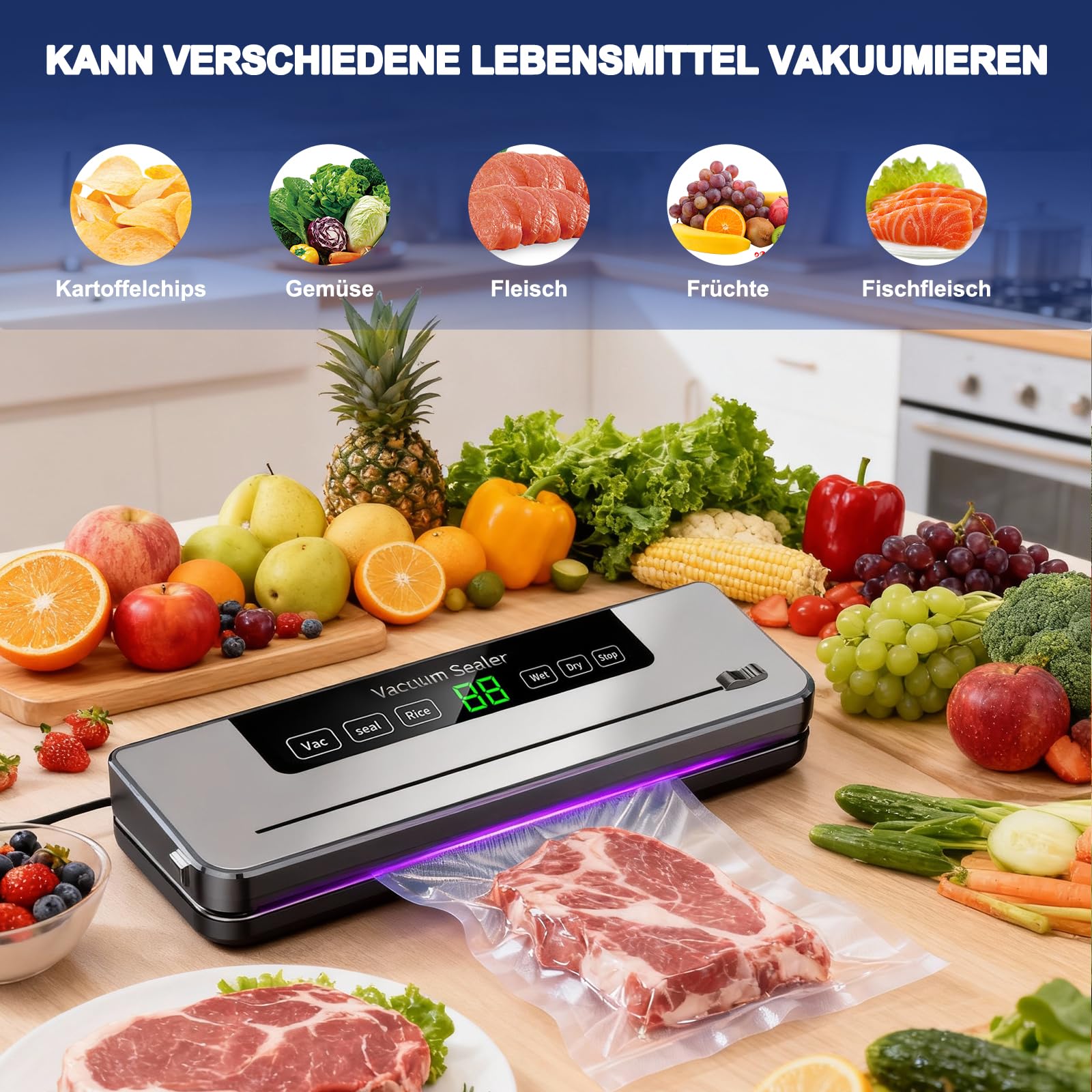 Vakuumiergerät 5 in 1, 50 Vakuumbeutel, Trocken- und Nassversiegelungsmodus
