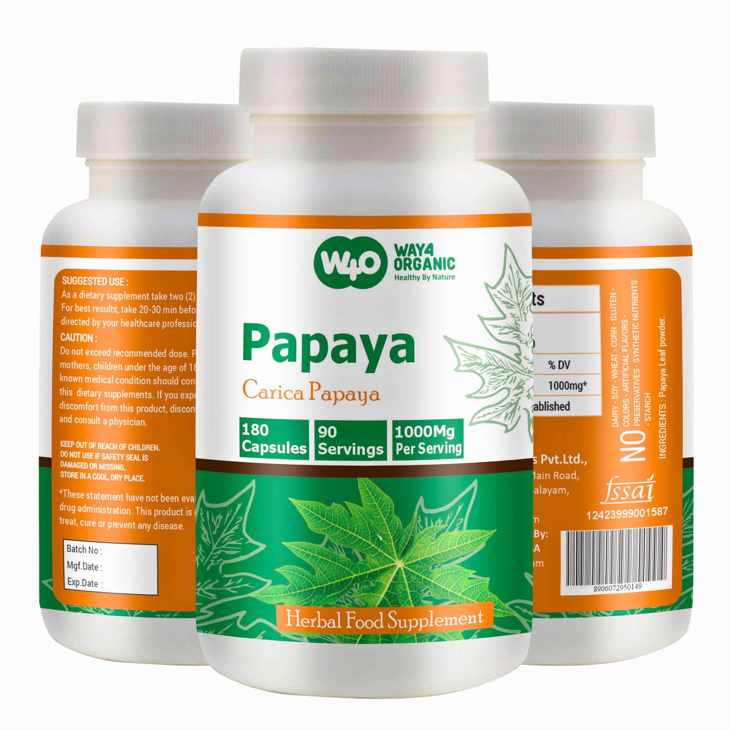 WAY 4 ORGANIC W4O — Suplemento de folha de mamão 1000 mg — 180 cápsulas