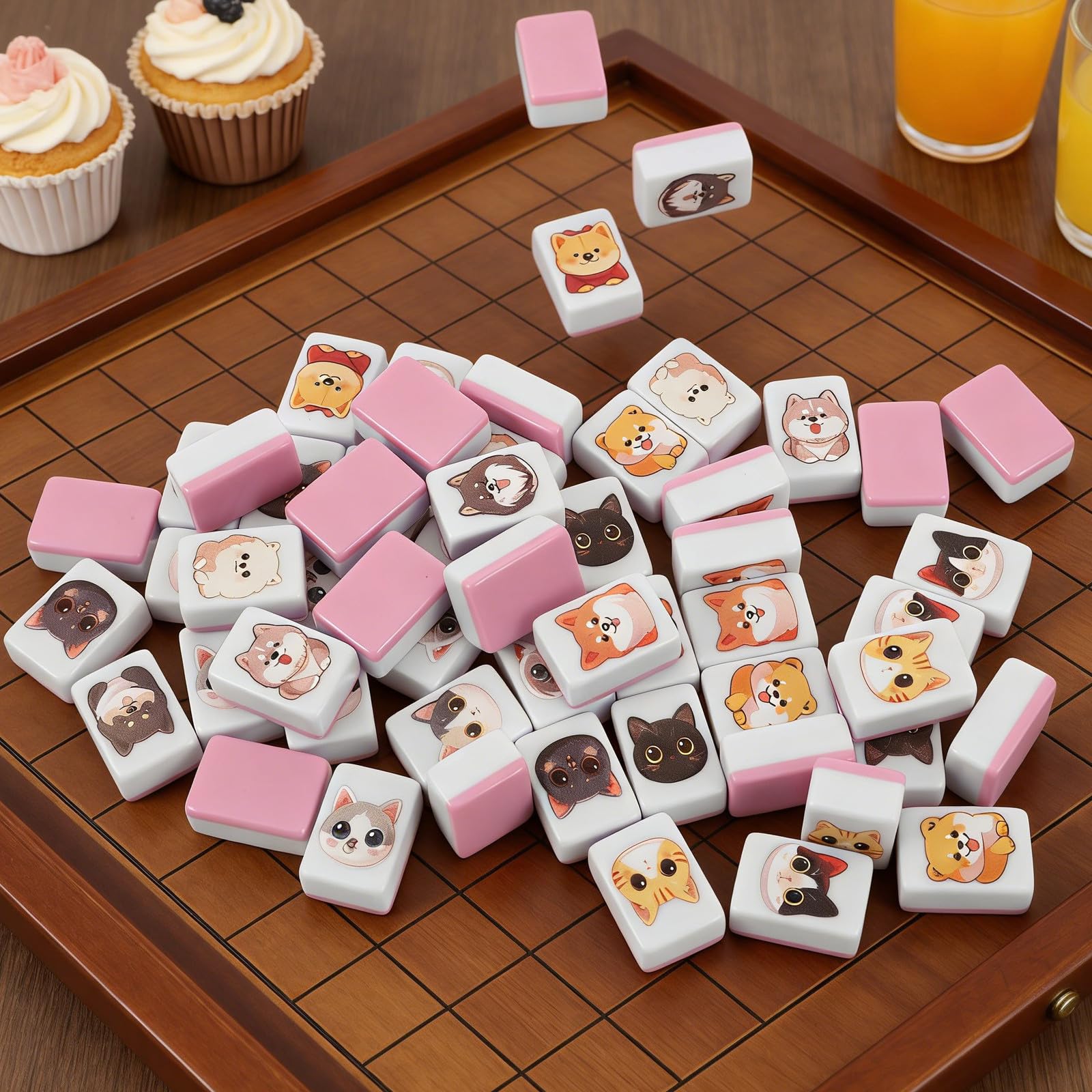 UPKOCH Zestaw 64 klocków mahjong dla wielu graczy, dopasowywanie klocków do gry w szachy z kreskówek, nowatorski wzór z motywem zwierzątek, pasujące płytki do gry memory 0,9" x 0,6" x