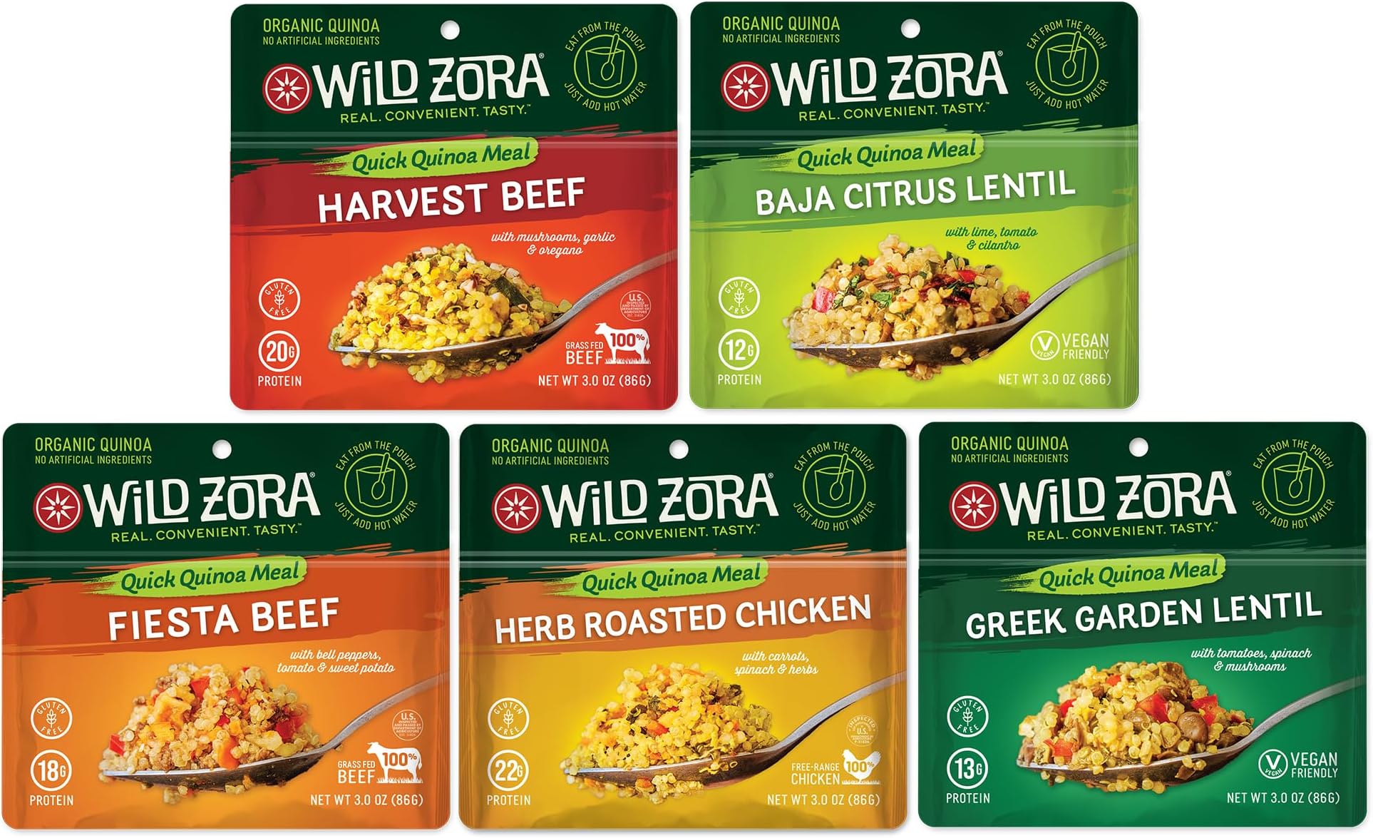 Wild Zora Organic Quinoa Bowls - Quick Prepared Meals, Instant Tasty Bowls, Pantry Staples Gluten-Free Meal with Lentils Plus 10g Olive Oil Packet - Variety (5-Pack)
