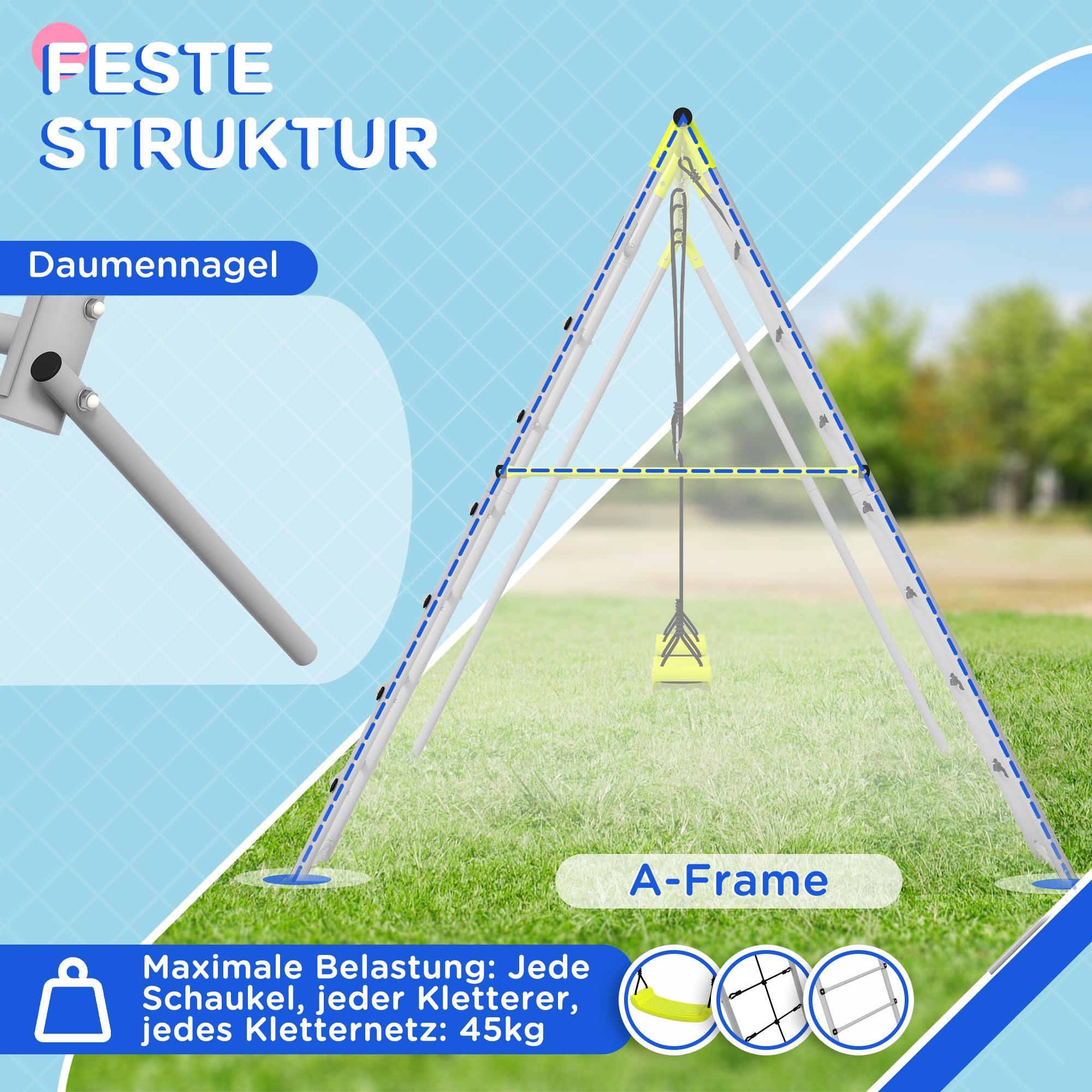 Outsunny Rama do huśtawki do 180 kg 3-w-1 huśtawka dla dzieci z 2 huśtawkami, siatką wspinaczkową, drabinką, zewnętrzna konstrukcja do huśtawki z metalowym stelażem, huśtawka ogrodowa dla dzieci w