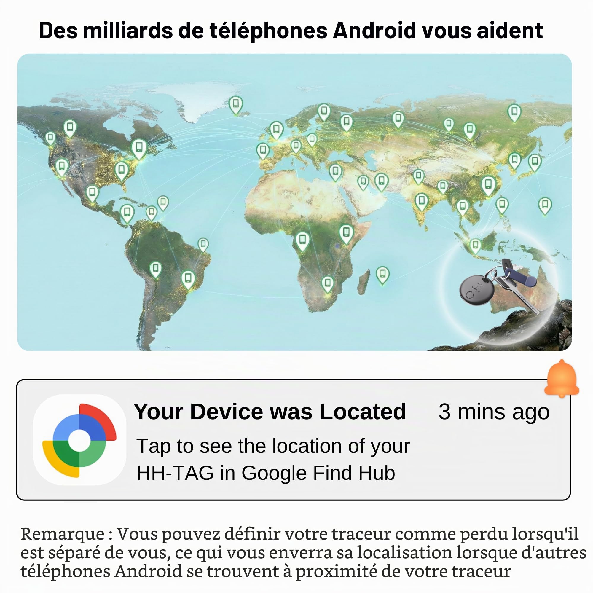 HH-Tech Lot de 4 étiquettes de suivi Android avec support de passeport gratuit, fonctionne avec Google Find Hub, Smart Tag Tracker, Key Finder, batterie remplaçable, sac de suivi, bagages, et plus