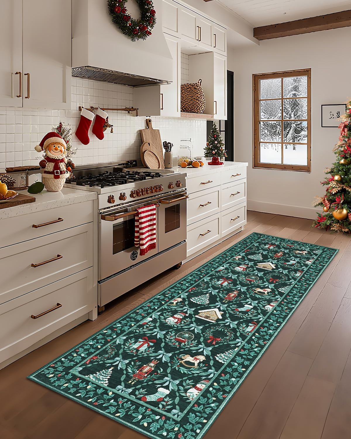 Christmas Runners for Hallway Non Slip, 2x6 Washable Kitchen Runner Rug Christmas Tree Print Floor Runner with Coquette Bow Pattern Low-Pile Holiday Carpet for Entryway Bedroom, Green Green 2' x 6' (Rectangular)