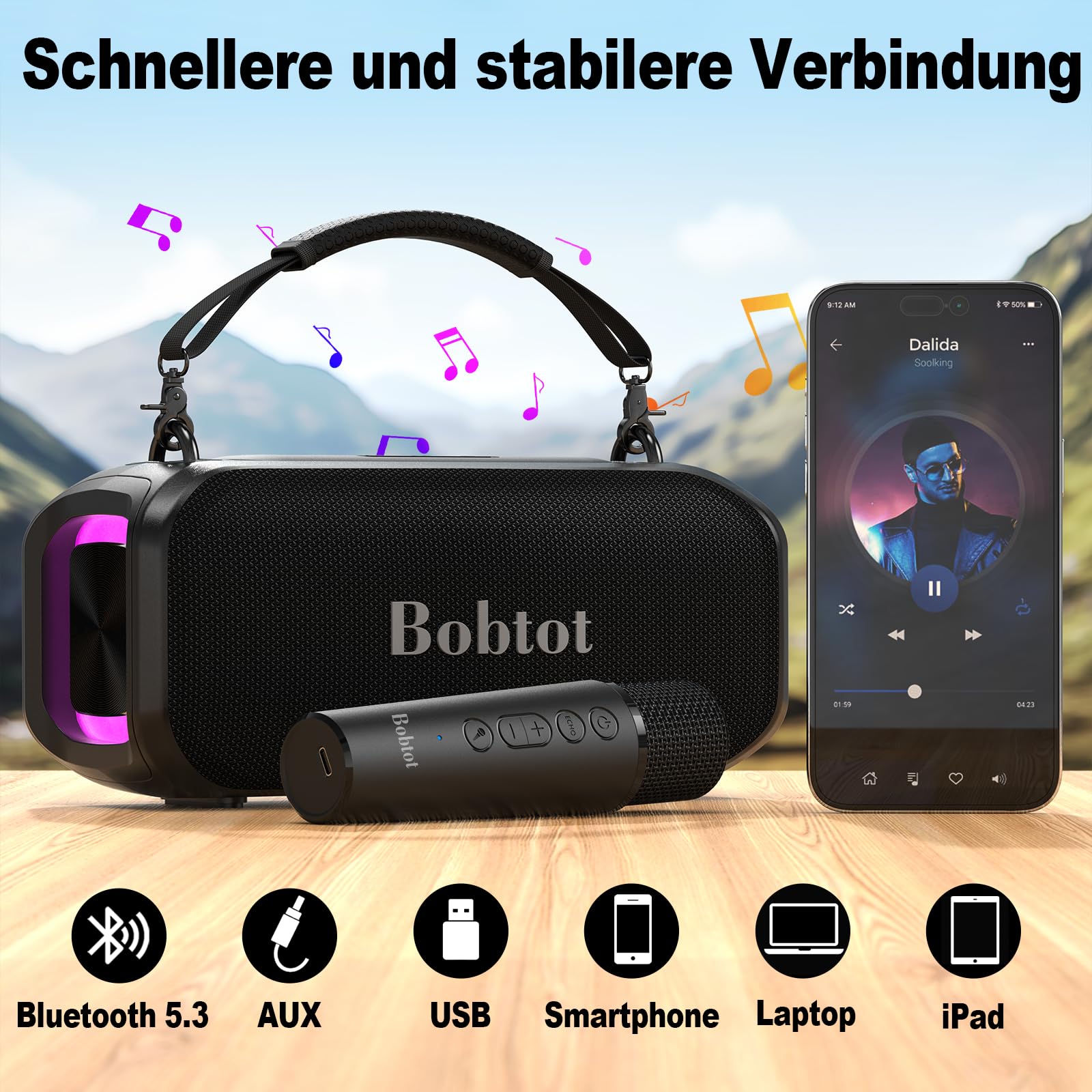 Tragbarer Karaoke-Lautsprecher für Erwachsene, kompakte Gesangsmaschine mit kabellosem Mikrofon, Bluetooth-Lautsprecher mit sattem Bass, magischem Klang und LED-Beleuchtung