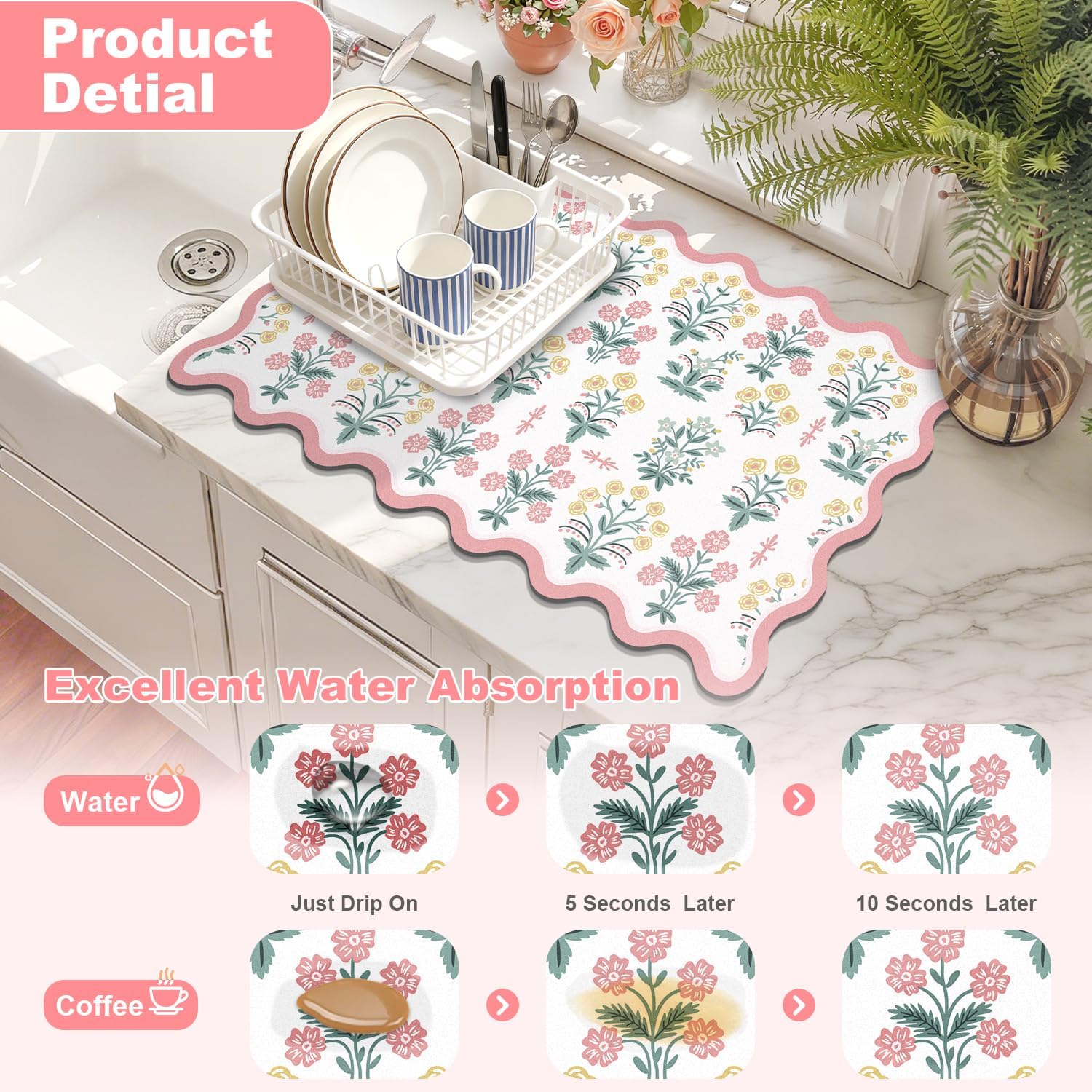 LOKHOM Scalloped Floral Dish Drying Mat, 18"x24" Super Absorbent Coffee Mat with Unique Pink Pastoral Floral, Cuttable Hide Stain Non-slip Drying Mat for Kitchen Counter Coffee Maker Espresso Machine