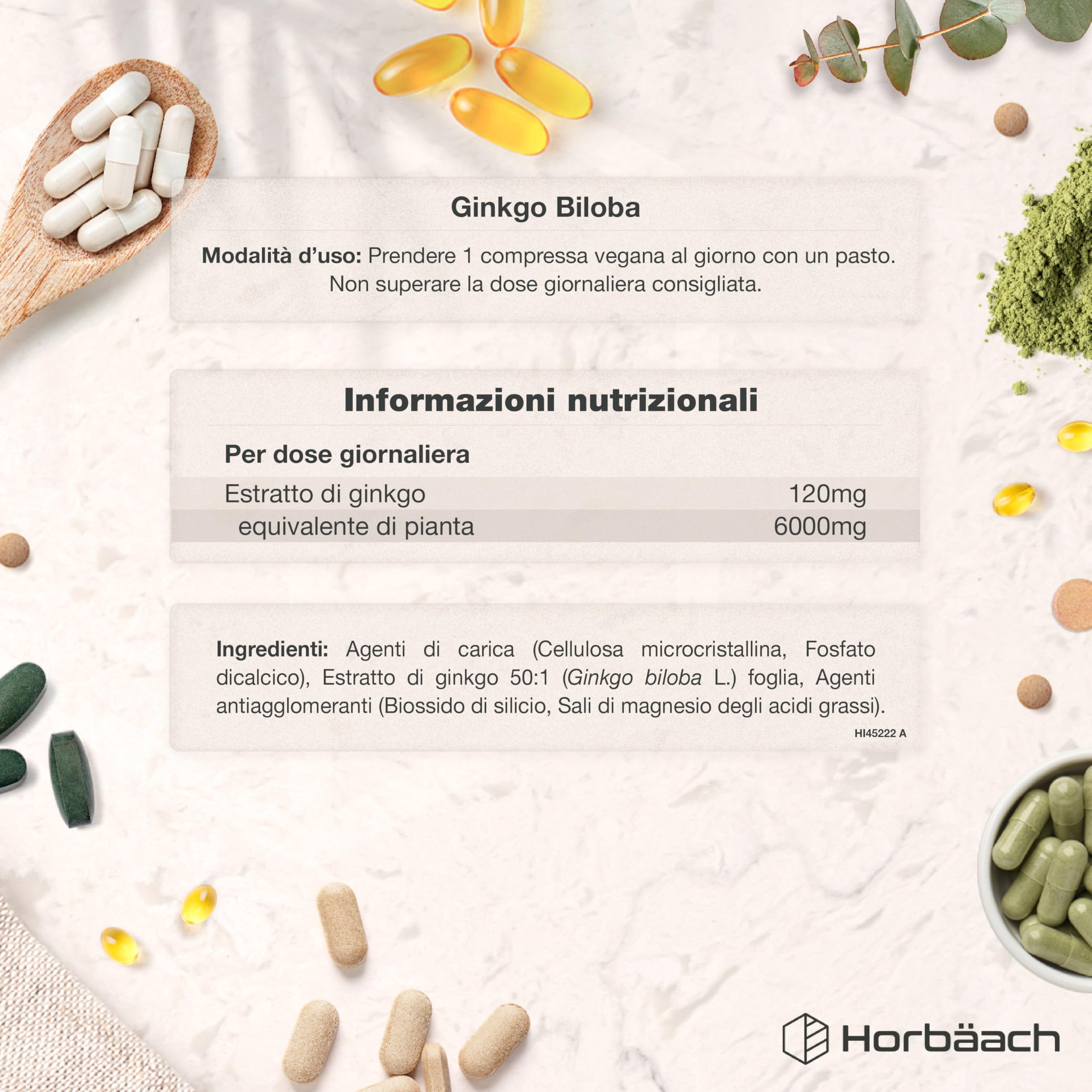 Ginkgo Biloba 6000mg | 365 Compresse Vegane (1 Anno) | Estratto 50:1 ad Alto Dosaggio | Ginkgo Biloba Forte (non capsule) | Facile da Deglutire | Horbaach