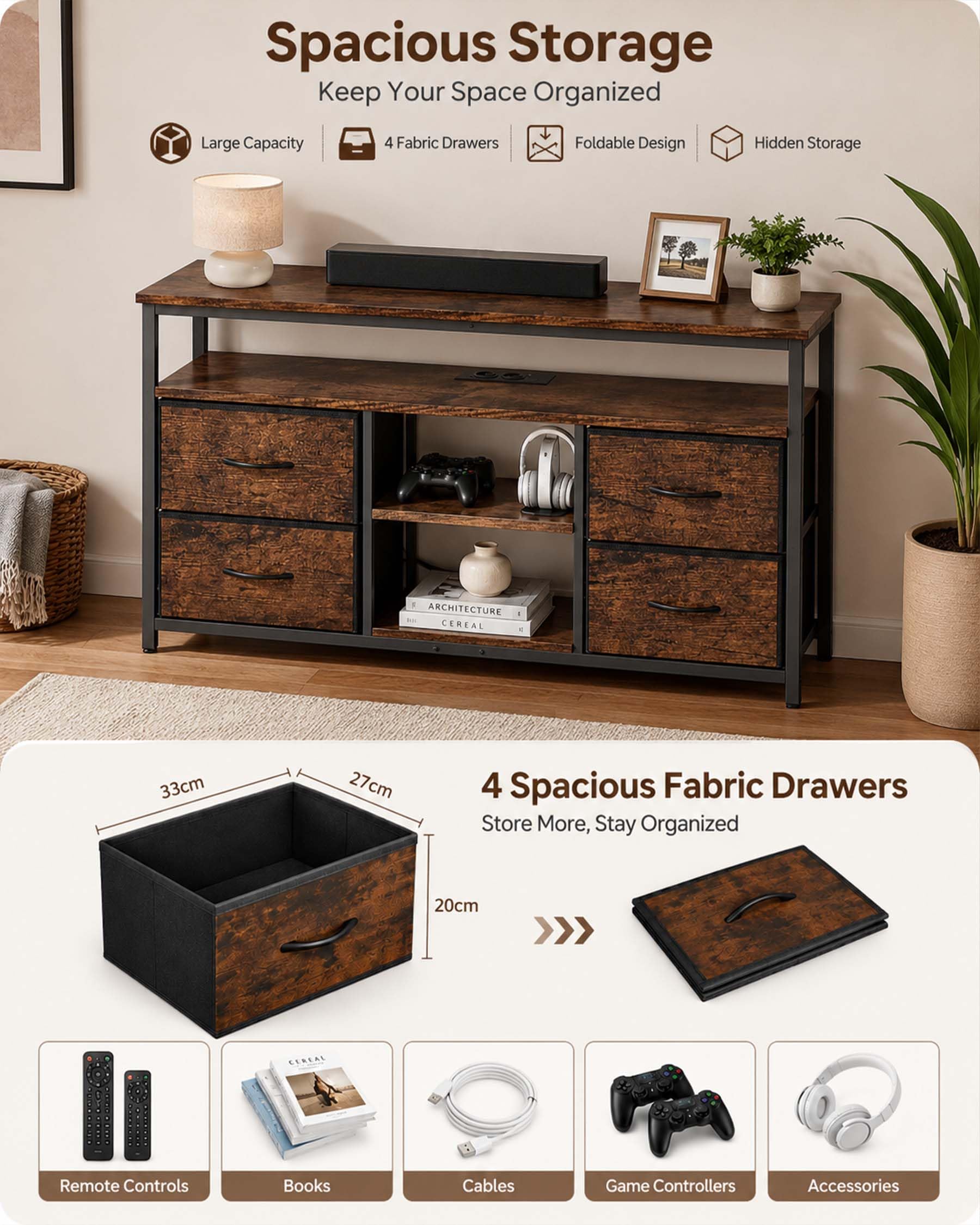 Meuble TV LED Meuble Télé Industriel Noir et Bois 110×30×78cm | PRISES ET RANGEMENT Deux prises et deux ports USB avec câble d’alimentation plus 4 tiroirs en tissu pour un usage quotidien