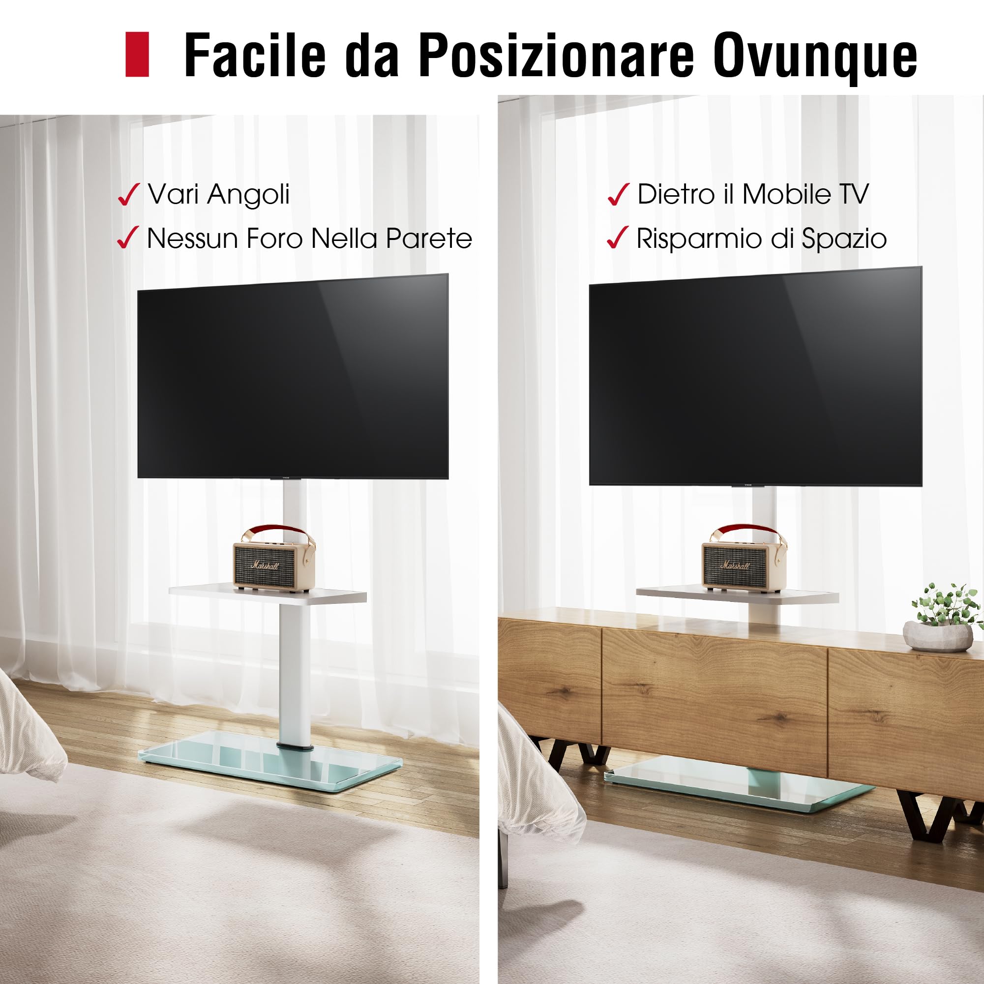 AOKCOS Stojak pod telewizor, do telewizorów 32-55, 65, 70", pochylany, wychylny, z regulacją wysokości, uniwersalny stojak pod telewizor z półką, maks. VESA 400x400mm 40kg biały