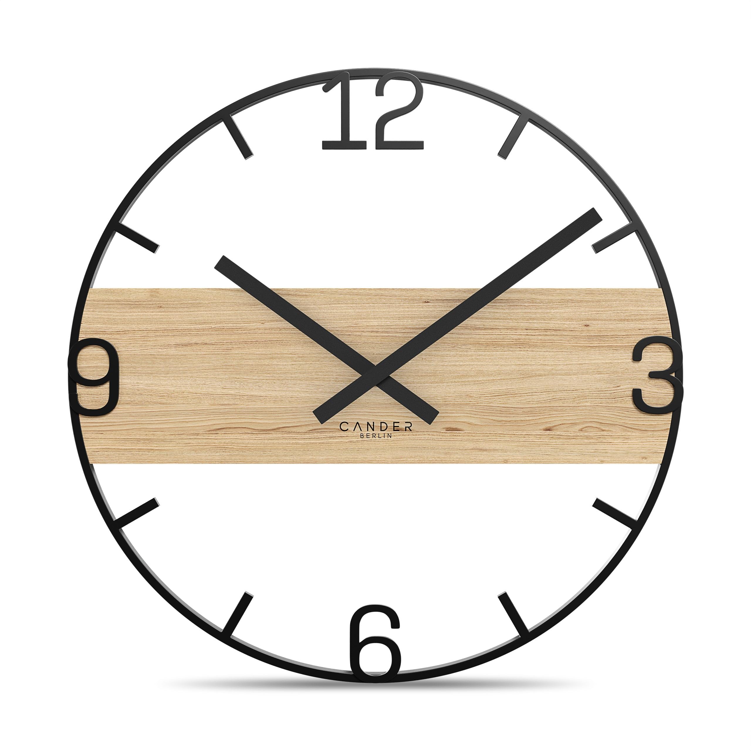Cander Berlin ADEON XXL Vintage Wanduhr lautlos 45 cm Metall Holz Eichenfurnier ohne Tickgeräusche modern schwarz Wohnzimmer