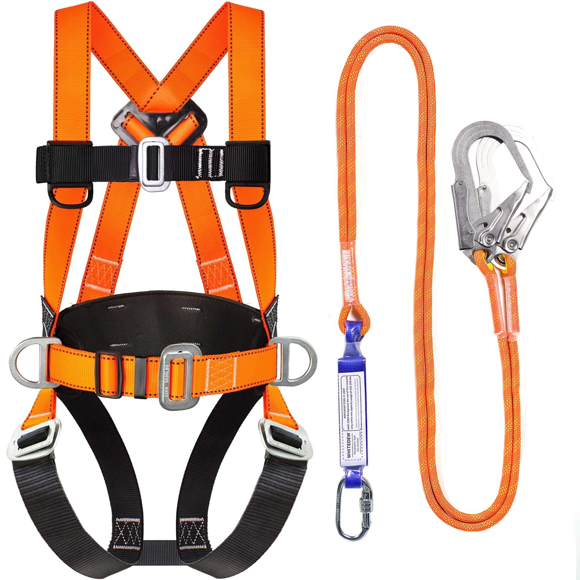 WHITEDEW Safety Harness Fall Protection Kit with Shock Absorbing Lanyard, Roofing Work Harnesses Full Body Safety Harness for Construction (Orange)