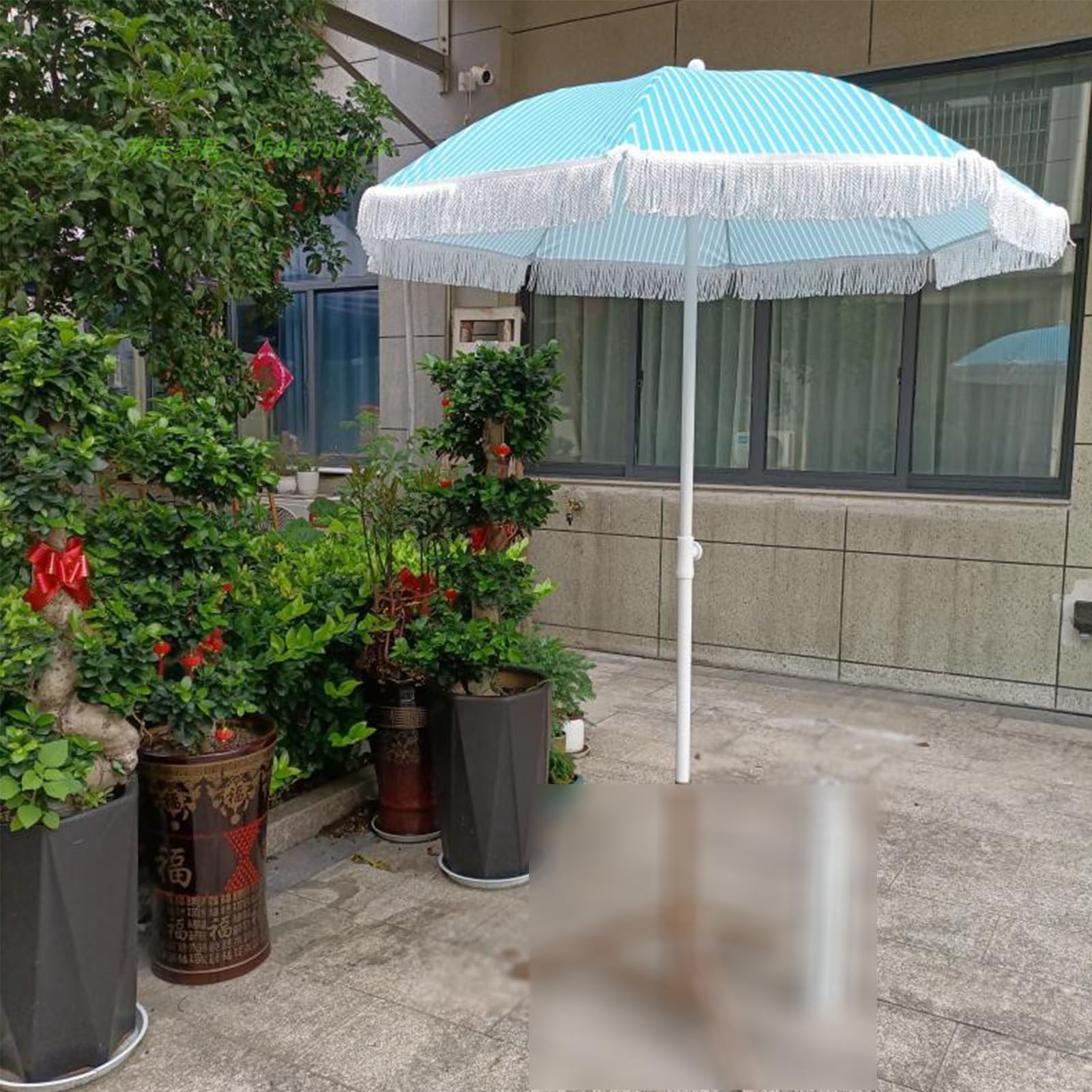 Parasol rose rayé à pompons – Parasol rétro pour plage et terrasse, résistant à l'usure, protection, style hawaïen, parfait pour la piscine et le jardin, pas de base incluse