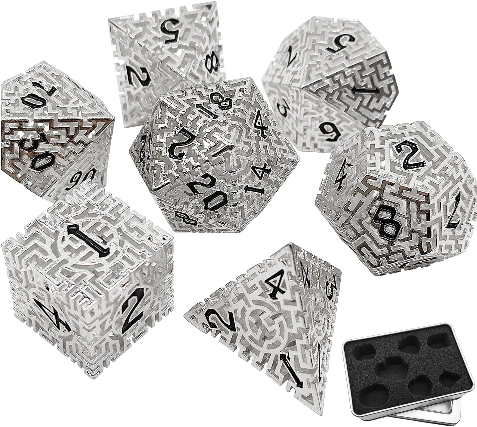 DND Hollow Metal Dice Set RPG Labyrinth Suitable for D&D Dungeons and Dragons Explorer Board Game Entertainment Accessories 7-Piece Polyhedral Dice Set (with Metal Storage Box)-Silver