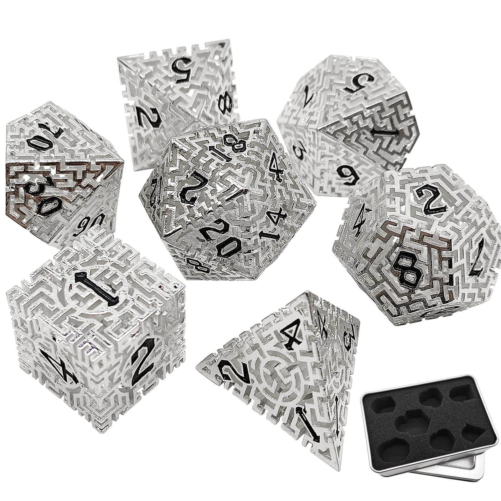 DND Hollow Metal Dice Set RPG Labyrinth Suitable for D&D Dungeons and Dragons Explorer Board Game Entertainment Accessories 7-Piece Polyhedral Dice Set (with Metal Storage Box)-Silver