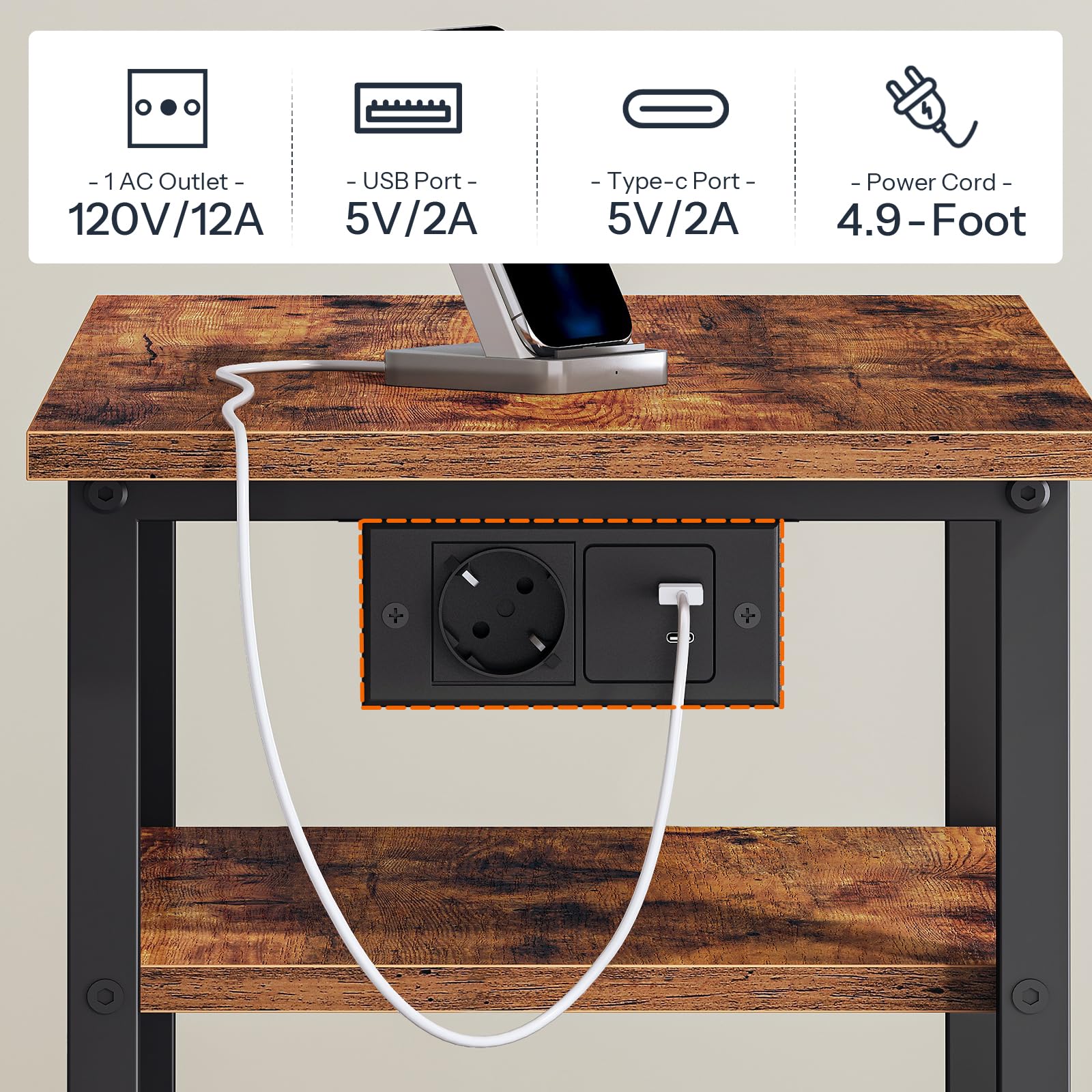 HOOBRO Soporte de Impresora con Estación de Carga, Mesa Rodante con Cajón para Documentos, Carrito Móvil de 4 Niveles con Toma CA, para Oficina, Marrón Rústico y Negro EBF17CPS01