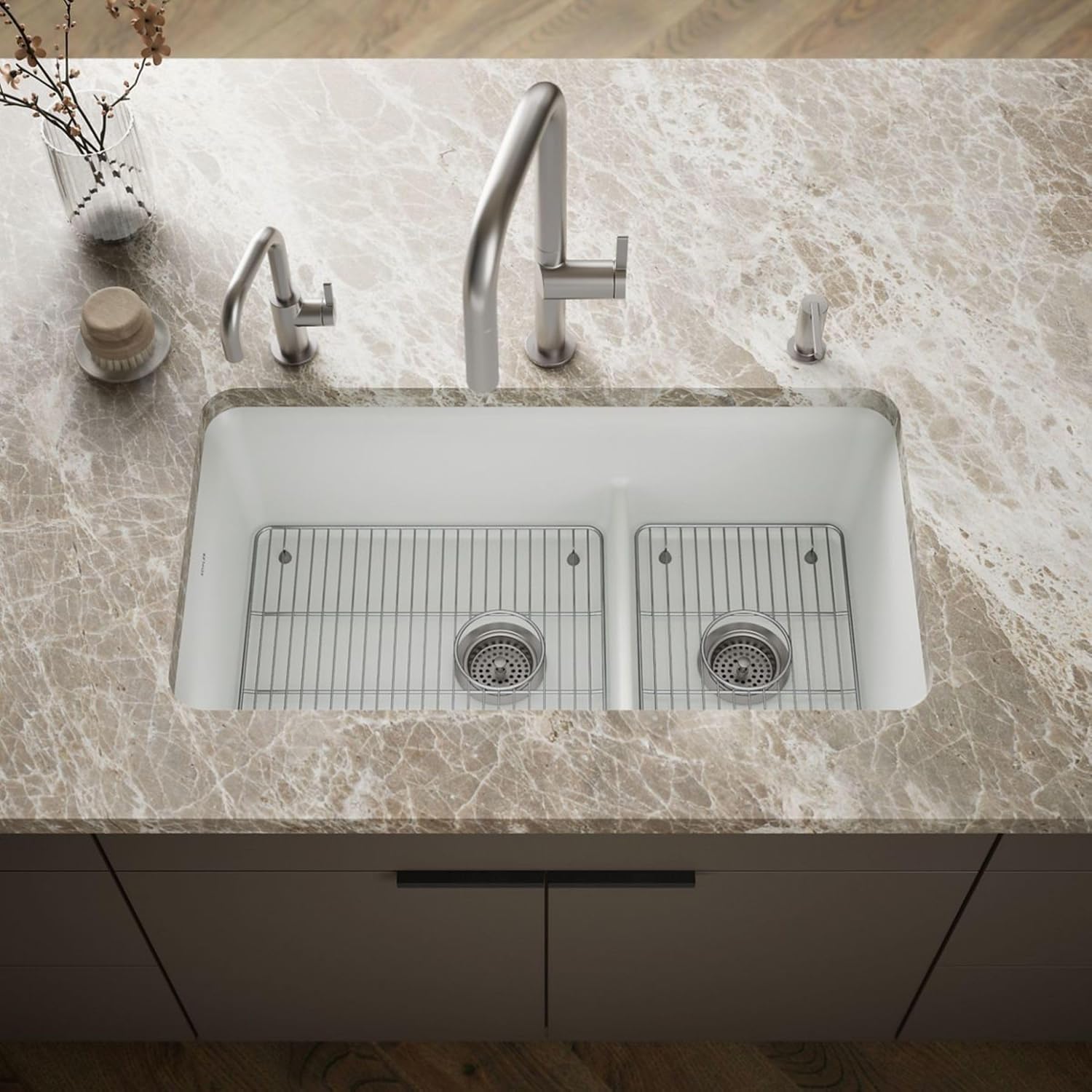 Kohler 27786-CM6 Cairn® Smart Divide® 33-1/2" undermount double-bowl kitchen sink, Matte White image 2