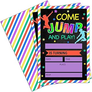 Bounce House Birthday Party Invitations, Trampoline Jump Party Invitations, Teenagers Party Decorations, Favors for Kids Birthday - 20 Cards with Envelopes (001)