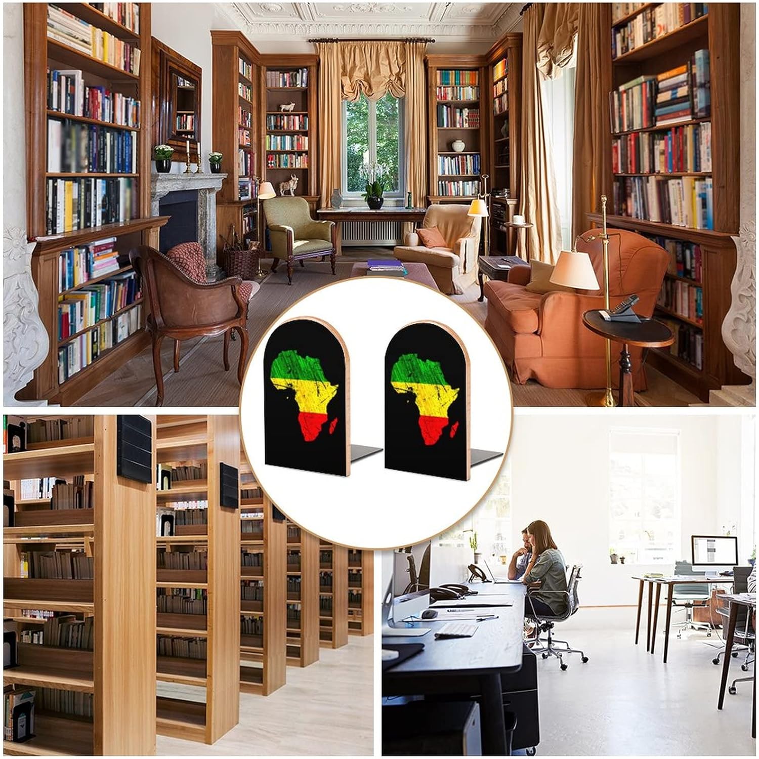 Africa Map Reggae Rasta Book Ends for Shelves Wooden Book Stand Book Holder for Library School Office Home Study Decor
